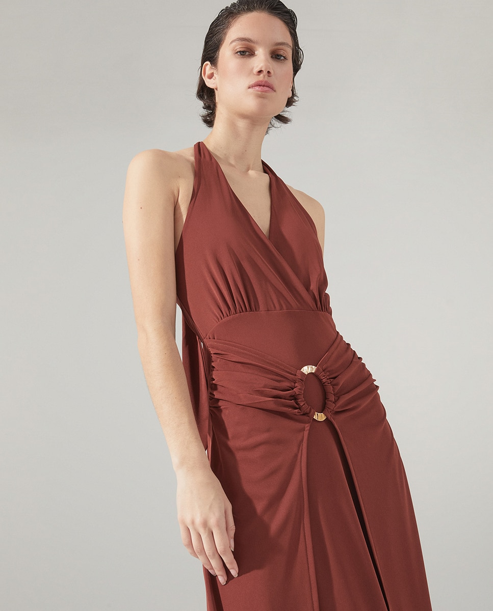 Vestido Halter de uma Peça Bordeaux-3