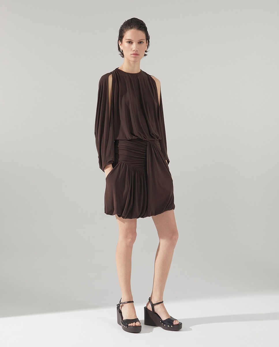 Vestido Mini Drapeado Castanho-2