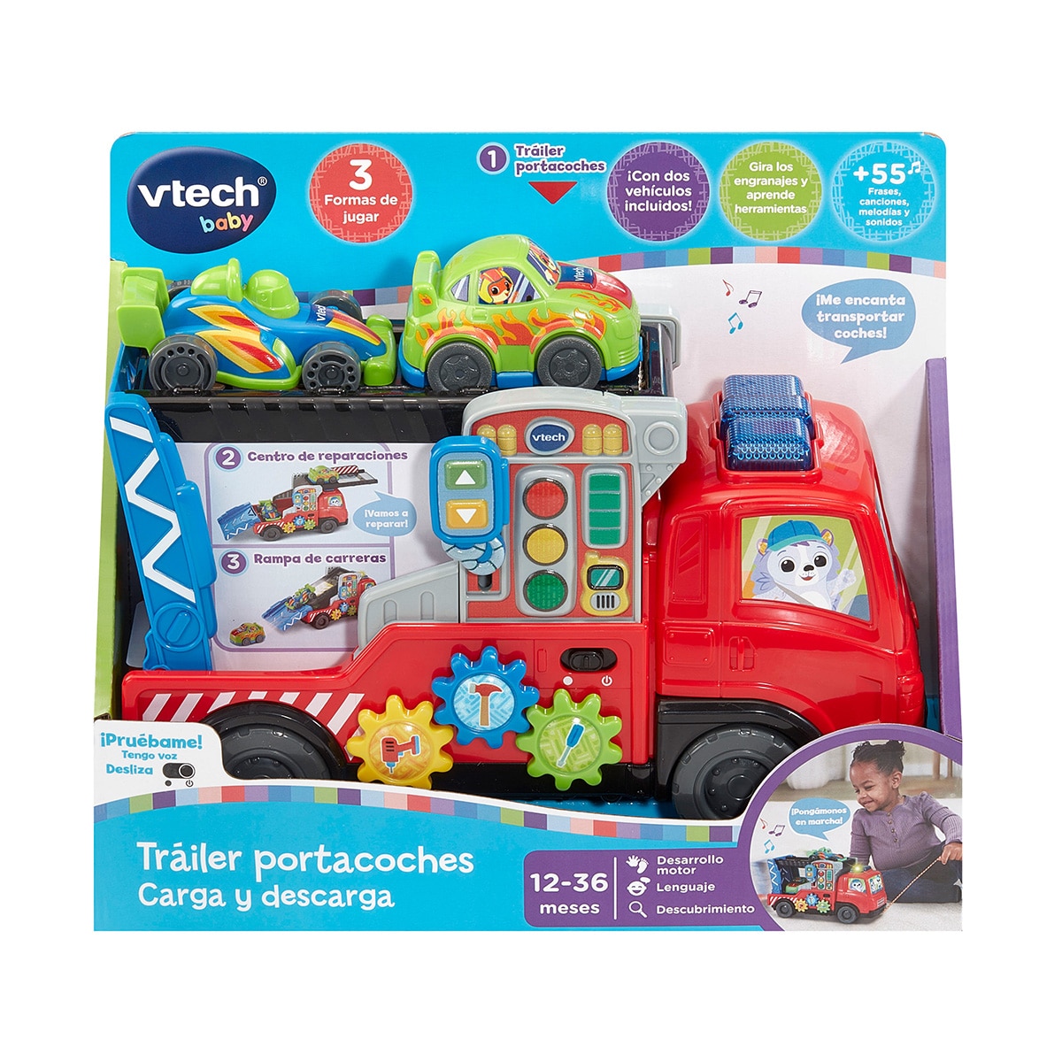 Trailer portacoches interactivo de con diferentes actividades y formas de juego Vtech 5