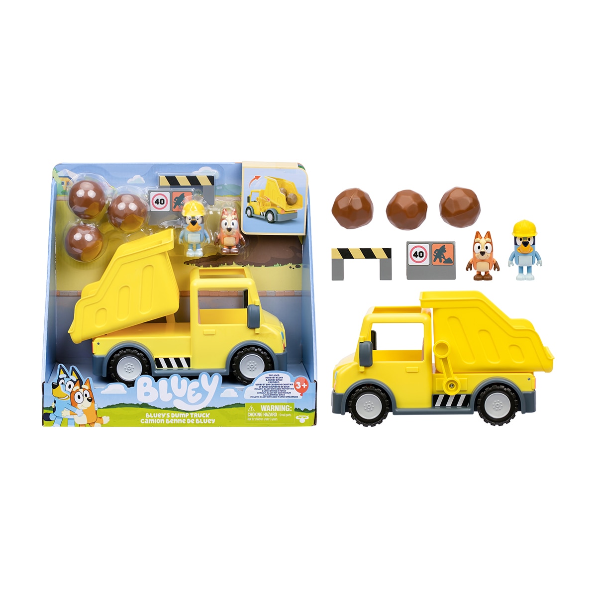 Bluey – Camión basculante con figuras exclusivas con un casco de seguridad y Bingo manchada de barro Bluey Moose.