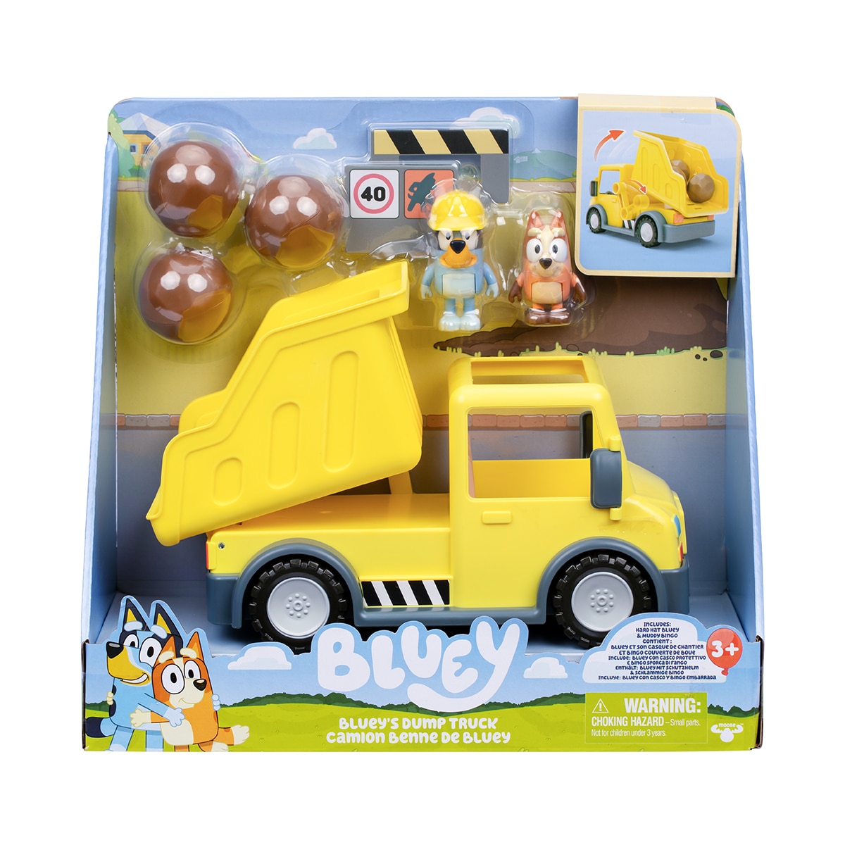 Camión basculante con figuras exclusivas con un casco de seguridad y Bingo manchada de barro Bluey Moose 9