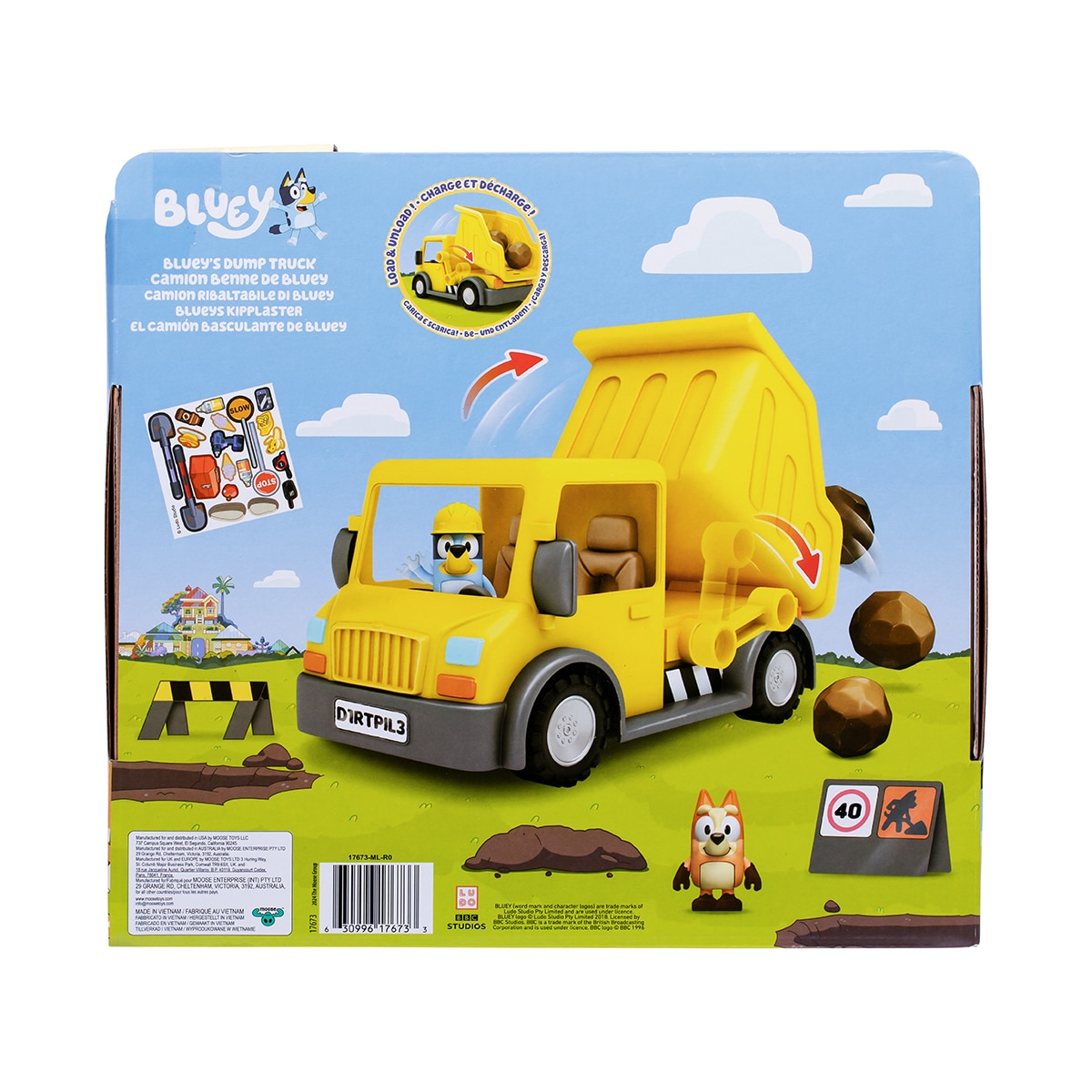 Camión basculante con figuras exclusivas con un casco de seguridad y Bingo manchada de barro Bluey Moose 10