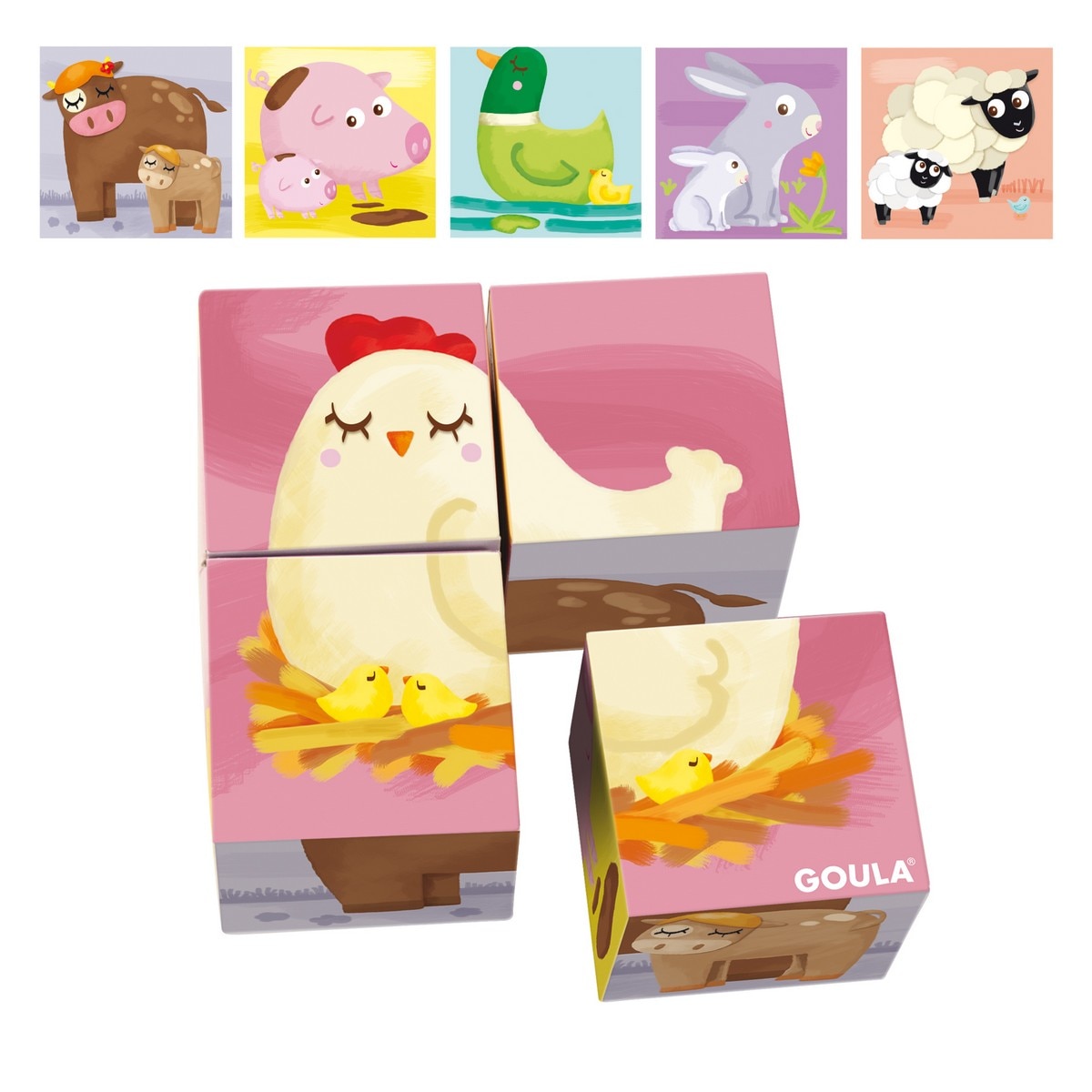 Juguete Puzzle cúbico de 4 cubos ilustrados con animales de la granja Cubic Goula 4