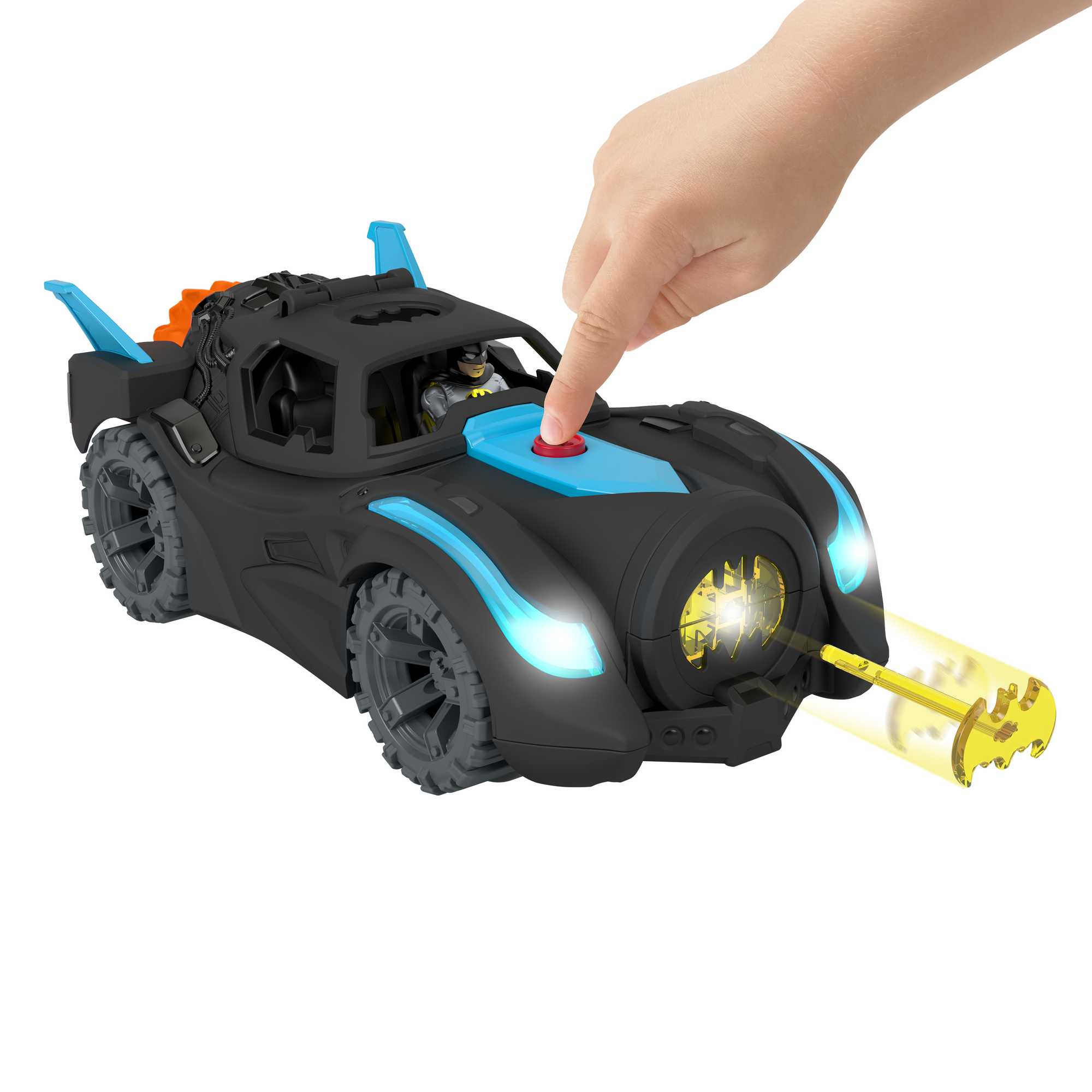 DC Super Friends Batmóvil Power Reveal Coche de juguete con luces ultravioleta y sonidos, incluye figura de Batman 5