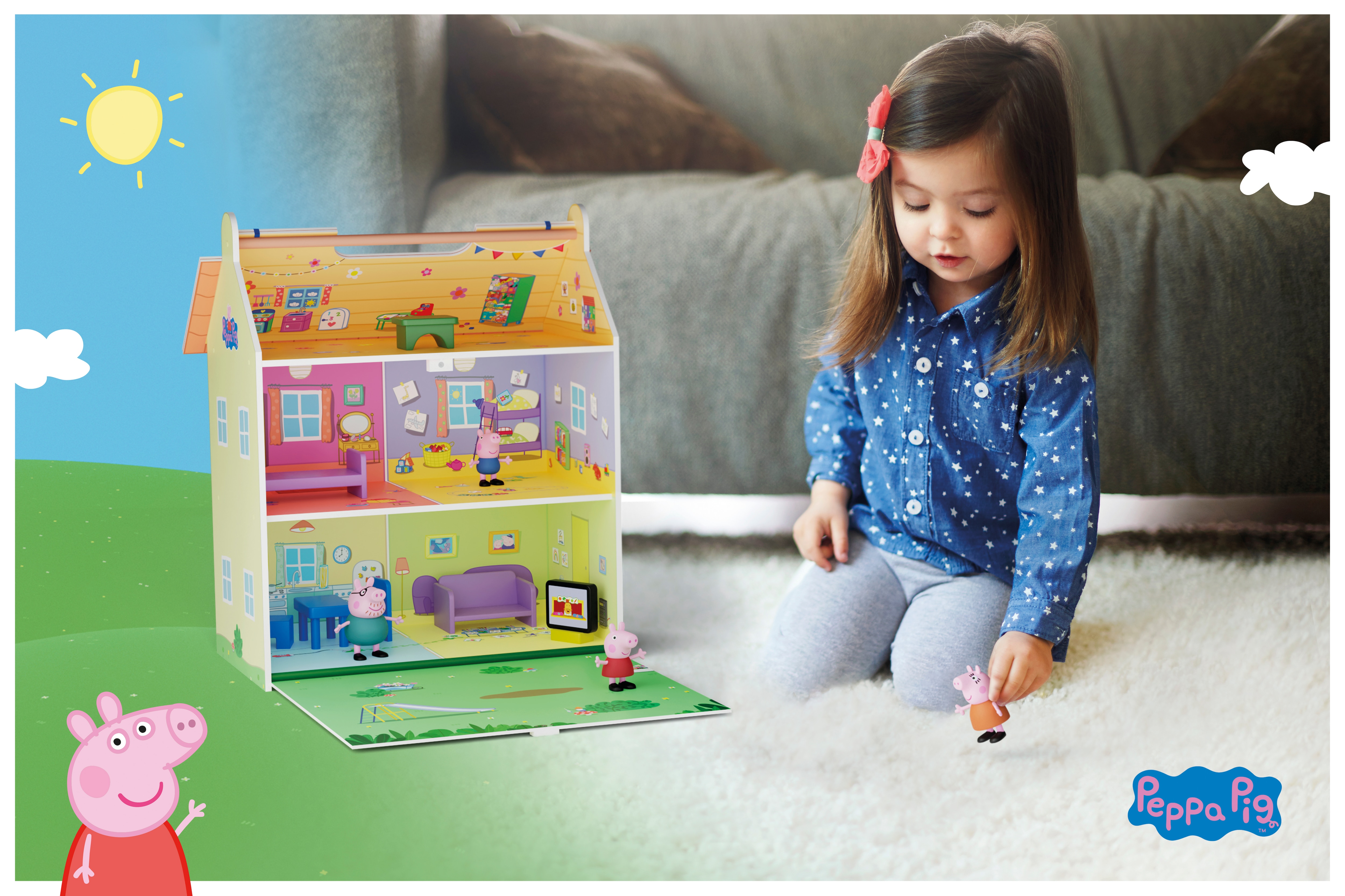 Casa de madera portátil con 4 personajes Peppa Pig Deqube 2