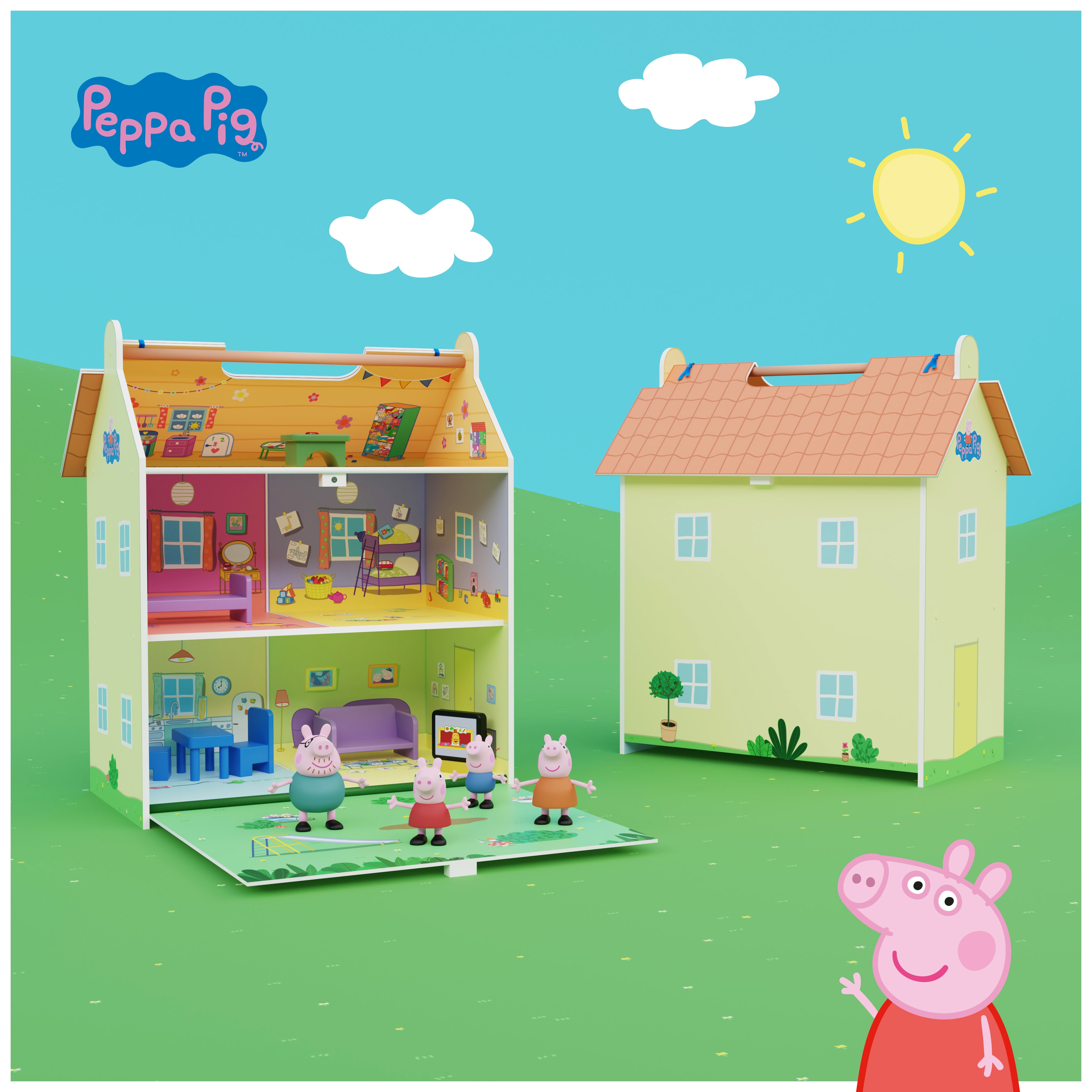 Casa de madera portátil con 4 personajes Peppa Pig Deqube 5