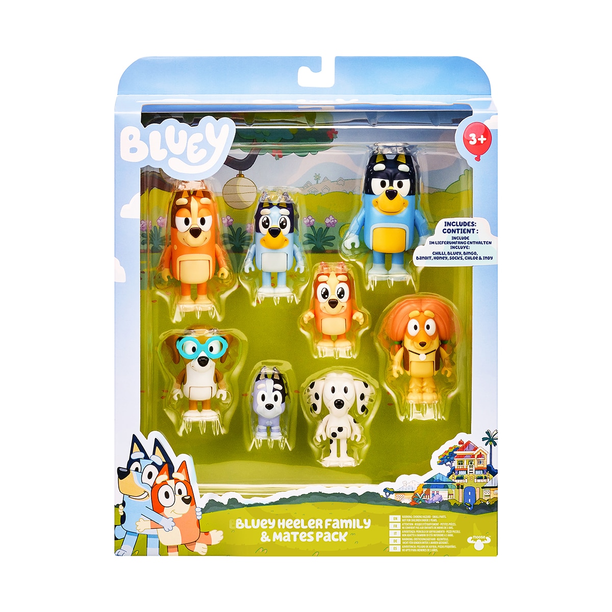 Bluey – Pack de 8 figuras de la Familia y amigos Bluey Moose.