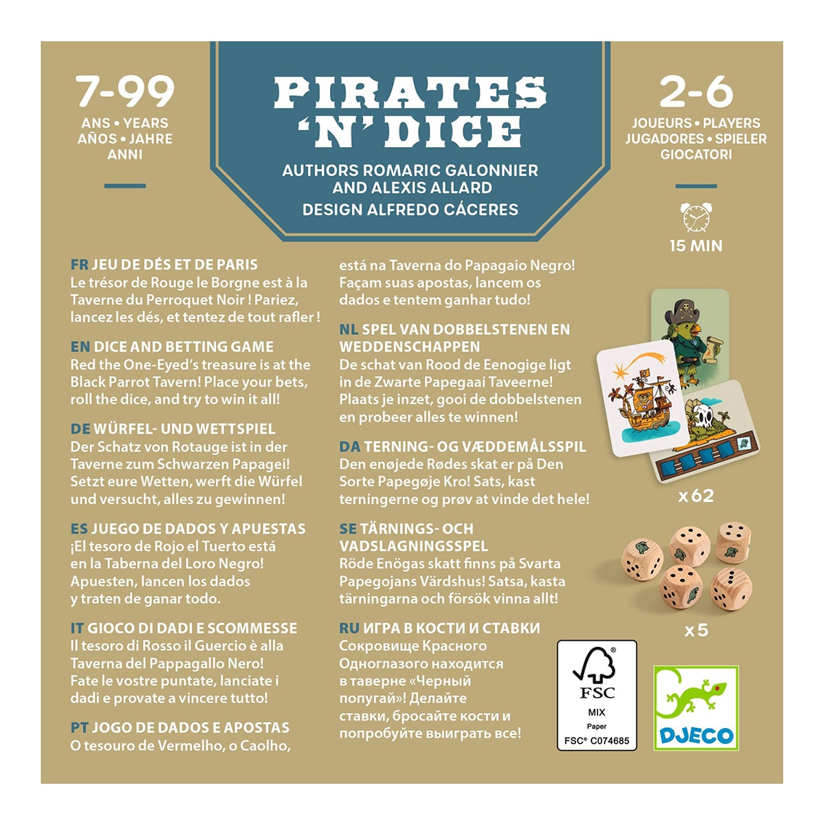 Juego 5 dados + 62 cartas + 1 reglas del juego Djeco 5