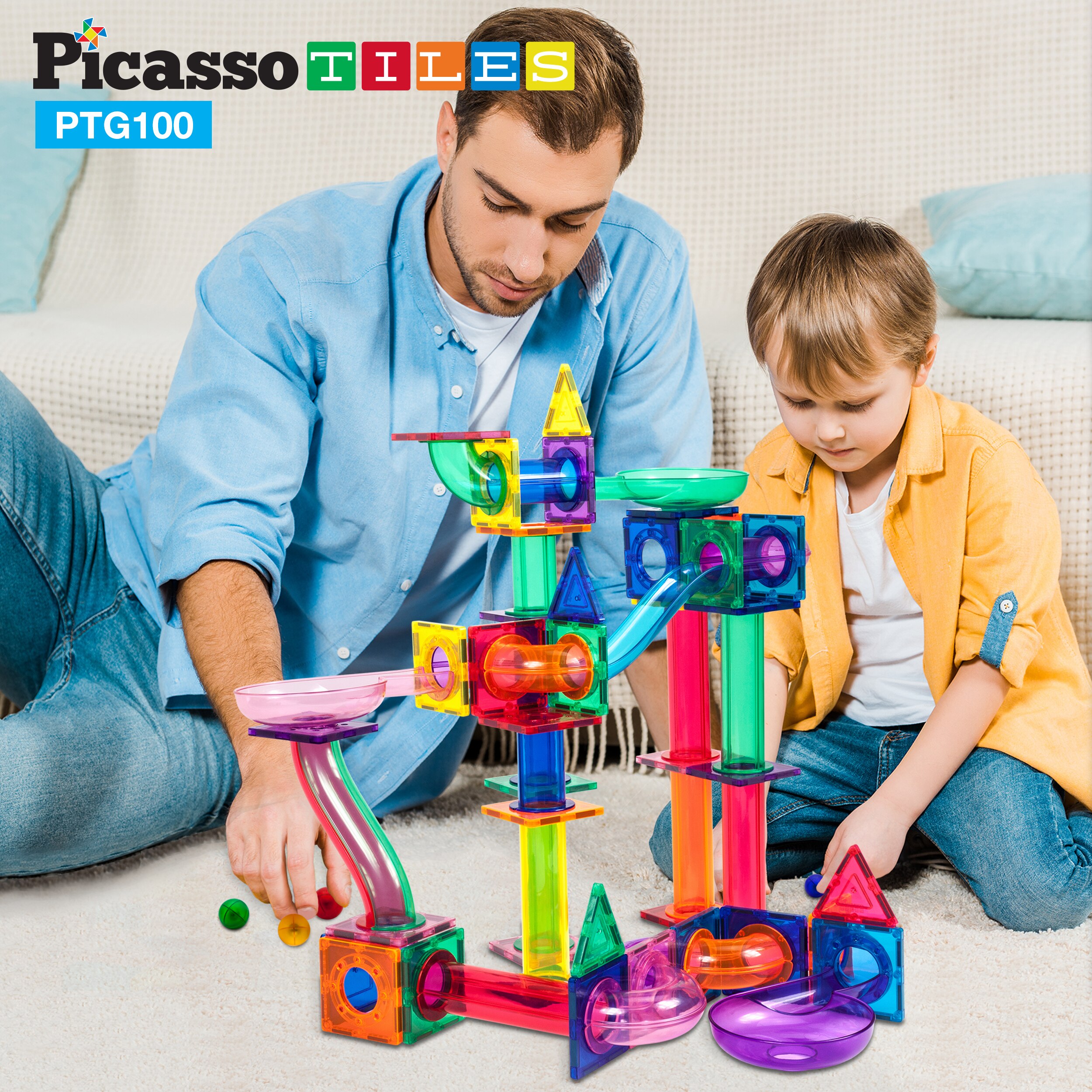 Set de construcción Picasso Tiles Circuito de canicas mágnético de 100 piezas Cefa Toys 3