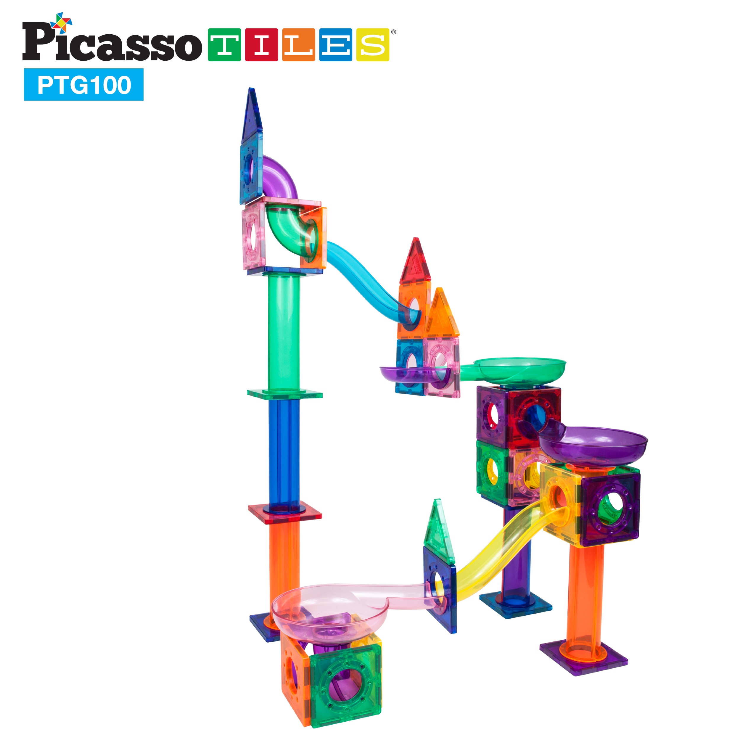 Set de construcción Picasso Tiles Circuito de canicas mágnético de 100 piezas Cefa Toys 5