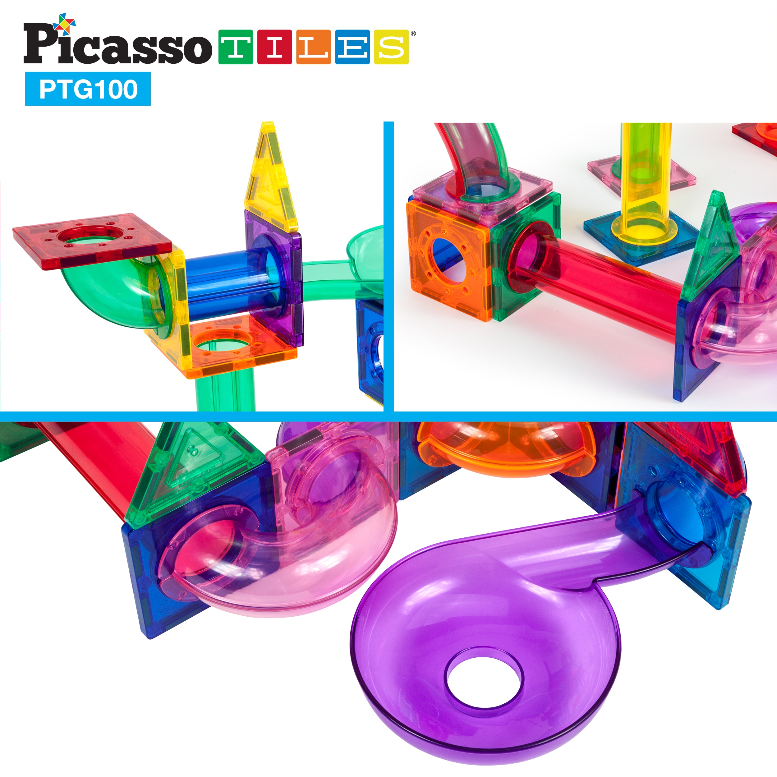 Set de construcción Picasso Tiles Circuito de canicas mágnético de 100 piezas Cefa Toys 6