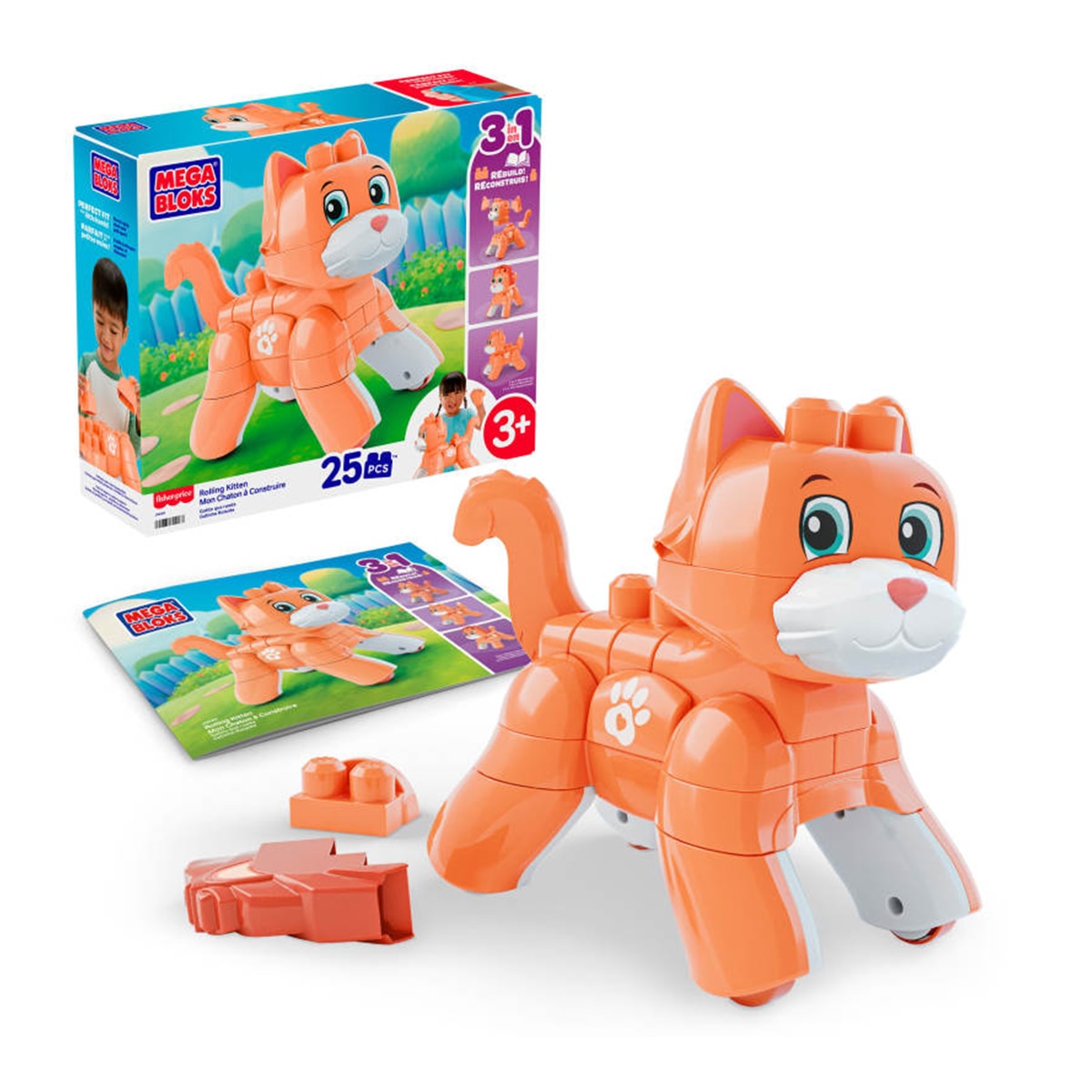 Imagen 0 de Juego de construcción Gatito 3 en 1. 25 piezas, ruedas, gatito que se transforma en zorro o león Mega Bloks