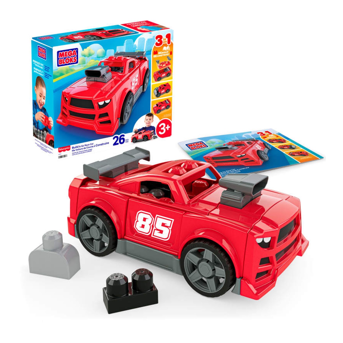 Imagen 0 de Juego de construcción Coche de Carreras 3 en 1 con 26 piezas, camioneta, hot rod y ruedas funcionales Mega Bloks