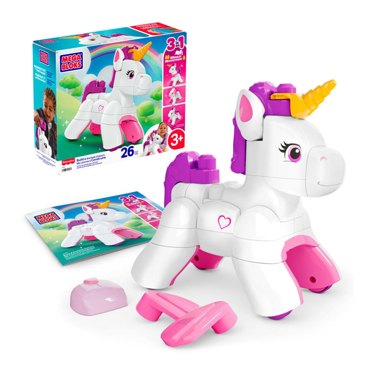 Imagen 0 de Juego de construcción Unicornio 3 en 1 con 26 piezas que se transforma en perro y caballo alado Mega Bloks