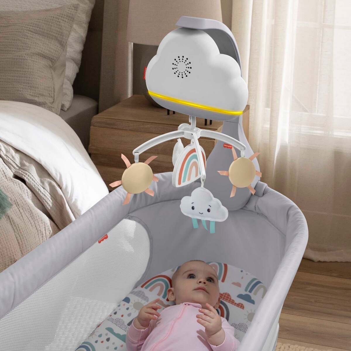 Fisher-Price Móvil lluvia de arcoíris para cuna, juguete para cuna con sonidos relajantes y luces para bebé recién nacido 7