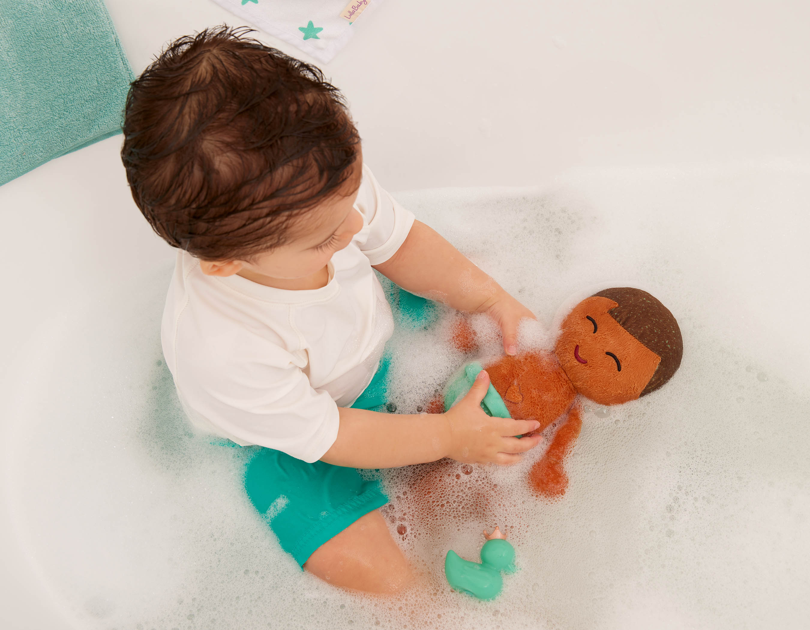 Muñeco peluche de baño, pelo marron Lullababy 7