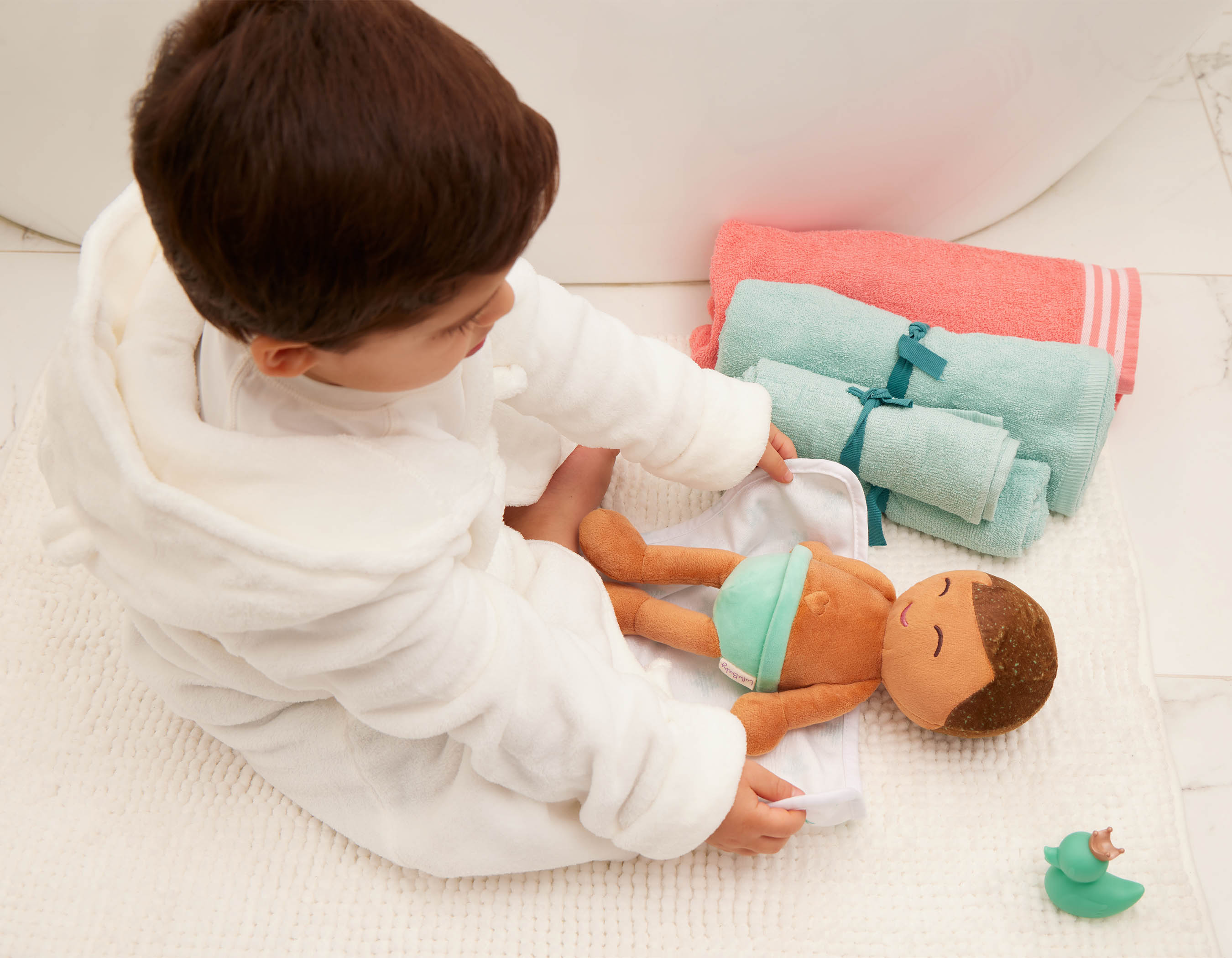 Muñeco peluche de baño, pelo marron Lullababy 9