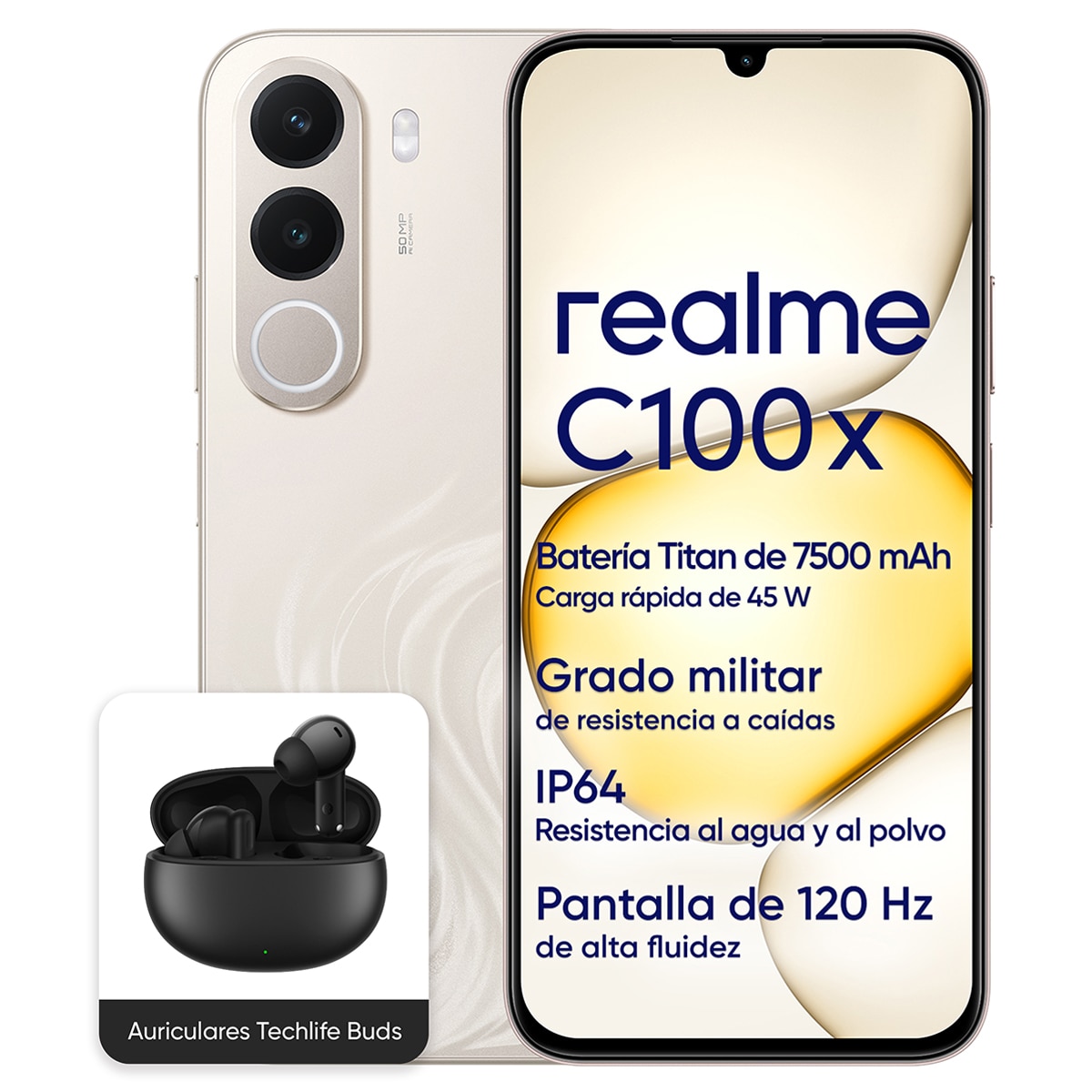 Imagen 0 de Realme C100X móvil libre + Auriculares Buds Techlife Oro
