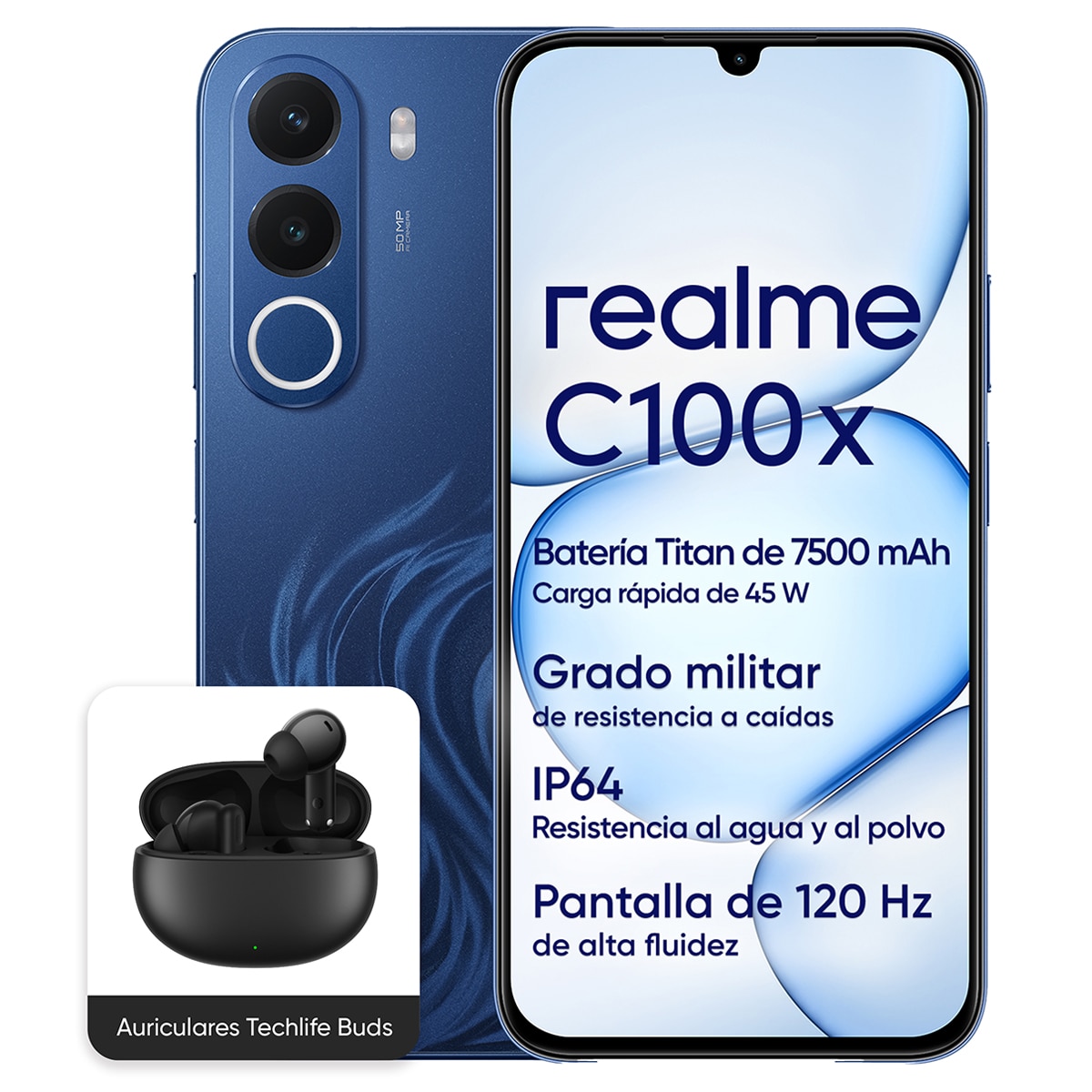 Móvil Realme C100X 6,8" Unisoc T7250 + Buds Techlife - Azul 256 GB + 4 GB RAM Azul-1