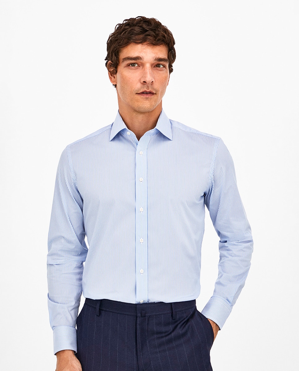 Camisa Formal Classic Fit Tamanhos Grandes às Riscas Bengal e em Tecido Stretch Azul-1