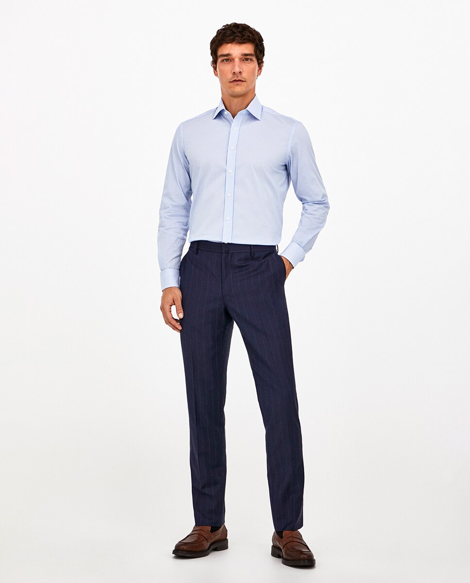 Camisa Formal Classic Fit Tamanhos Grandes às Riscas Bengal e em Tecido Stretch Azul-6