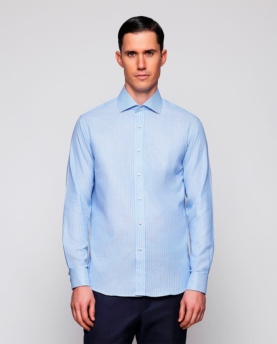 Camisa Clássica às Riscas com Manga Comprida Tamanhos Grandes Azul-1
