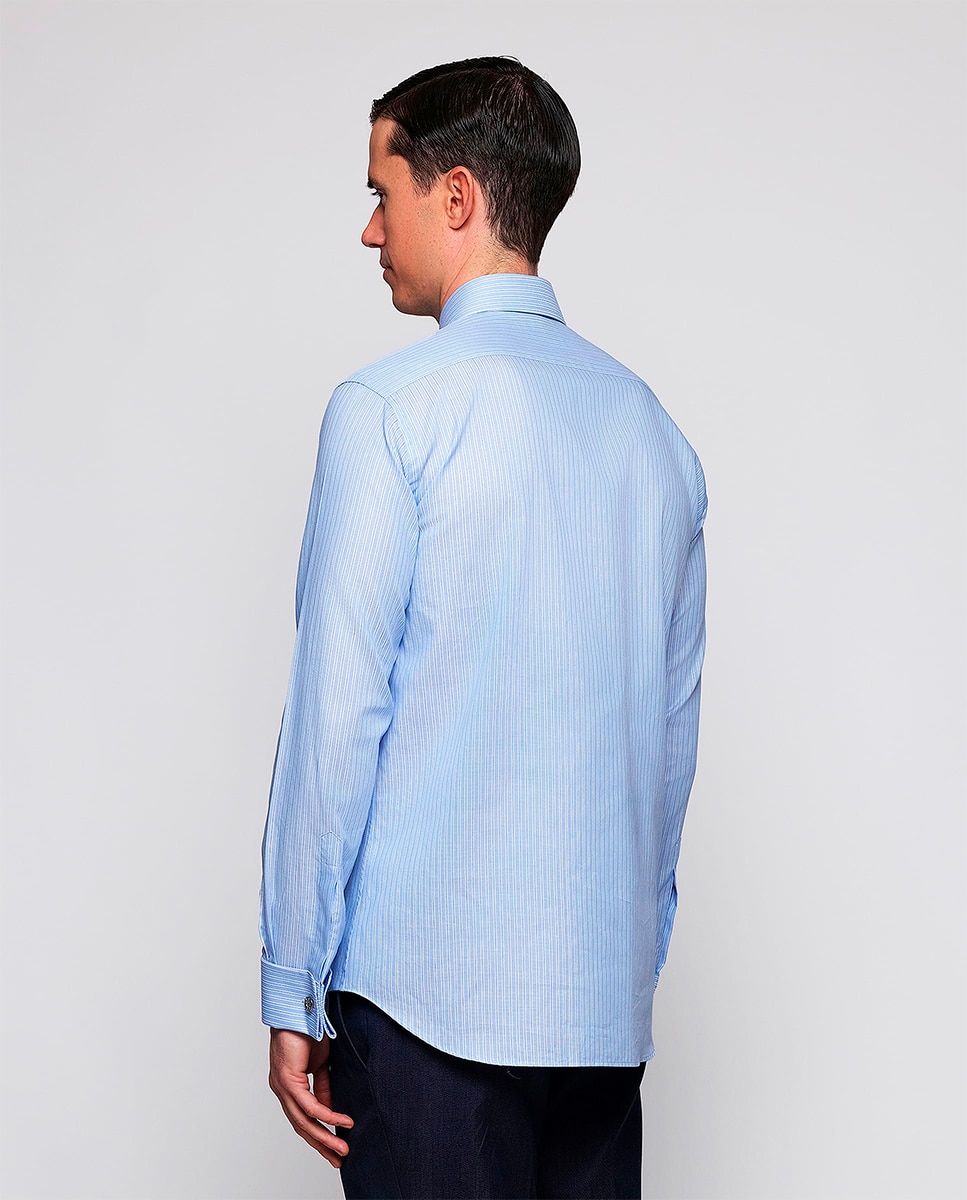 Camisa Clássica às Riscas com Manga Comprida Tamanhos Grandes Azul-2