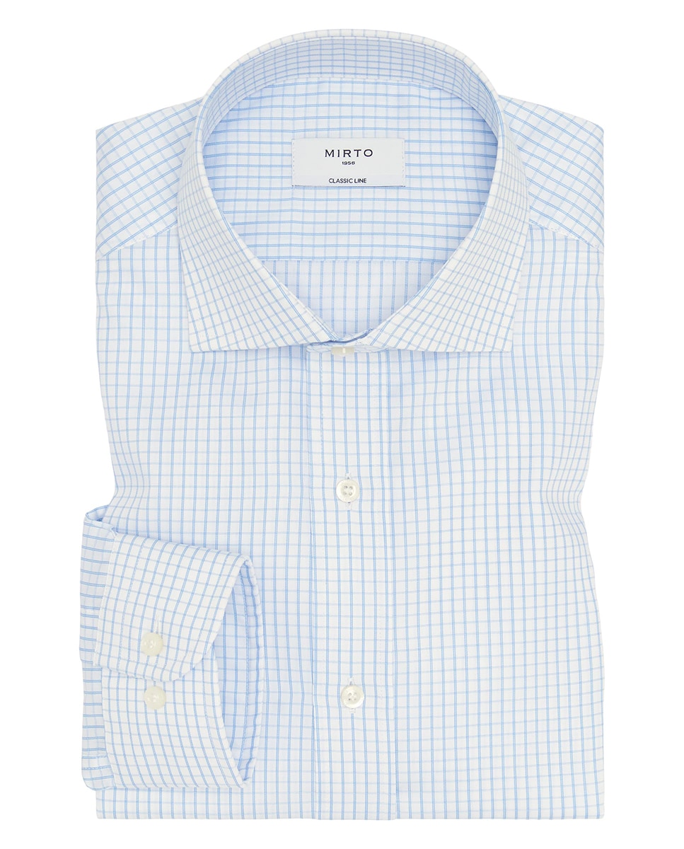 Camisa Clássica aos Quadrados com Colarinho com Botões Tamanhos Grandes Azul-3