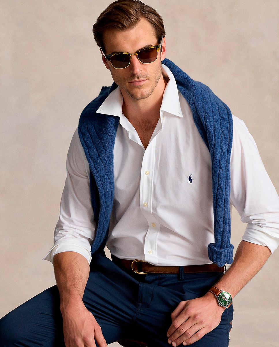 Camisa de popelina elástica de hombre Azul cabana - Polo Ralph Lauren - Blanco roto Blanco roto-5