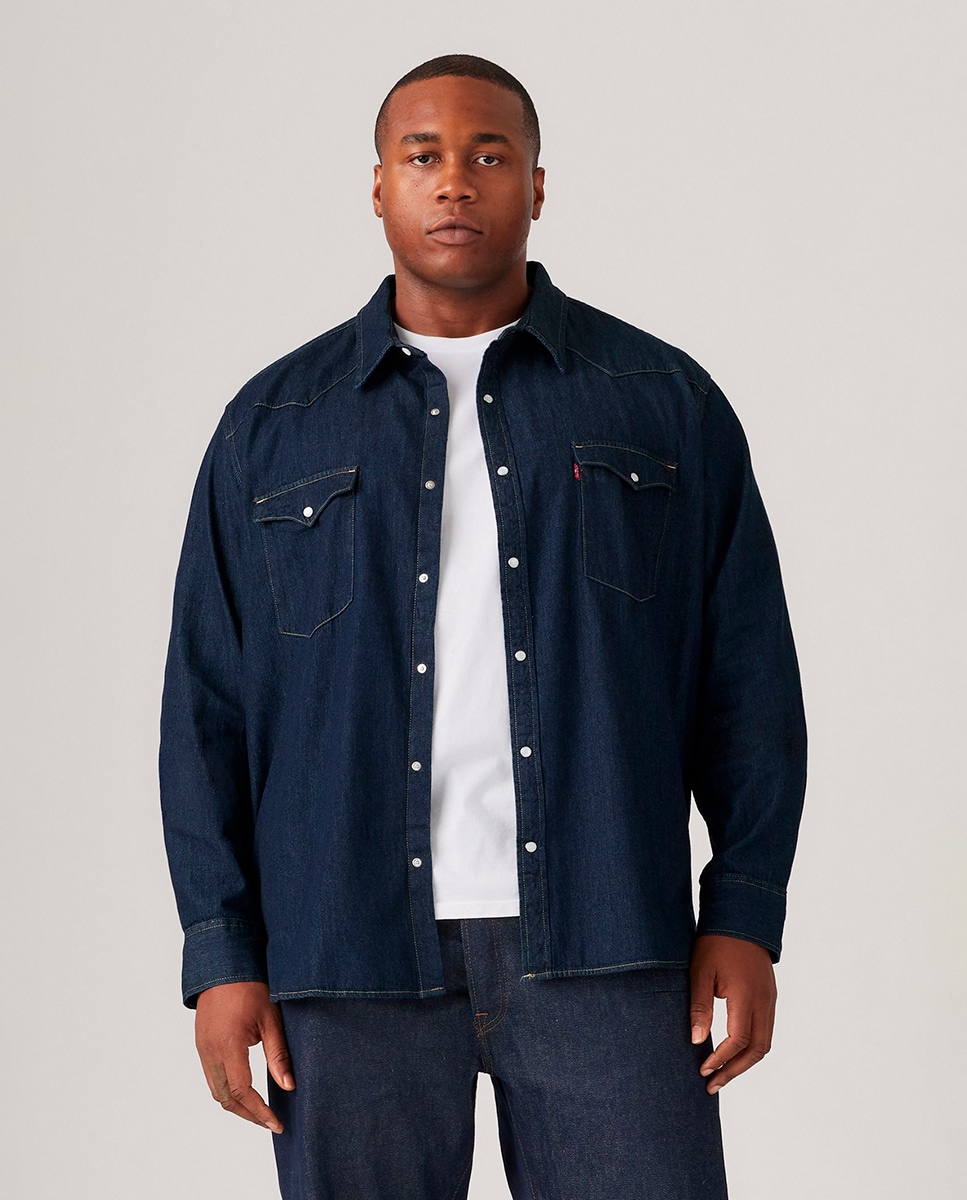 Camisa de ganga classic lisa azul de homem tamanhos grandes Azul-marinho-1