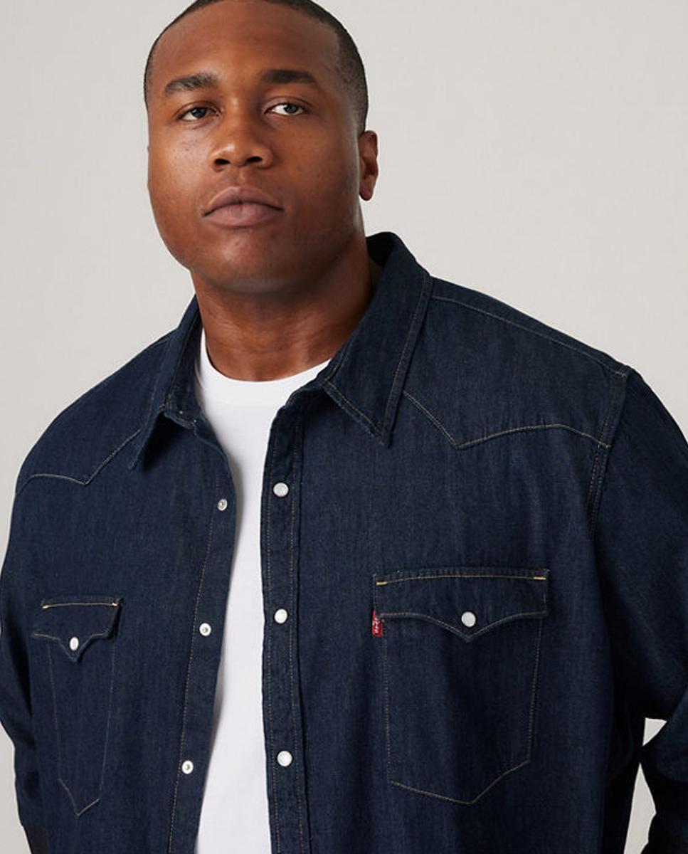 Camisa de ganga classic lisa azul de homem tamanhos grandes Azul-marinho-3