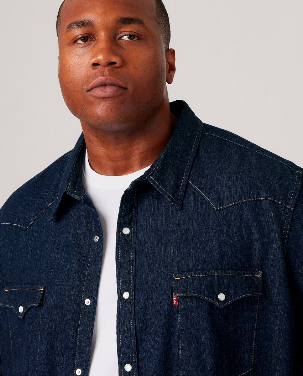 Camisa de ganga classic lisa azul de homem tamanhos grandes Azul-marinho-3