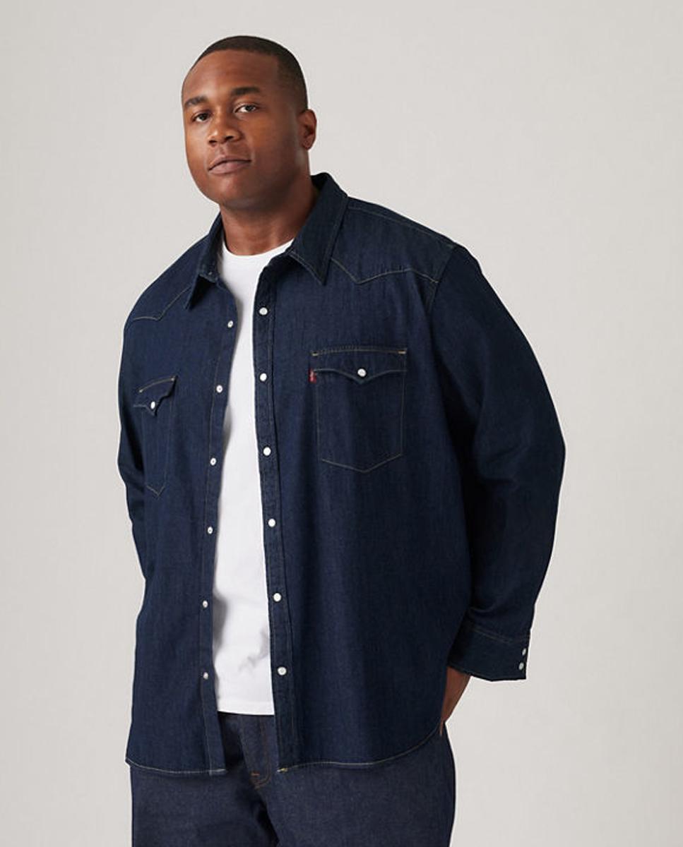 Camisa de ganga classic lisa azul de homem tamanhos grandes Azul-marinho-4