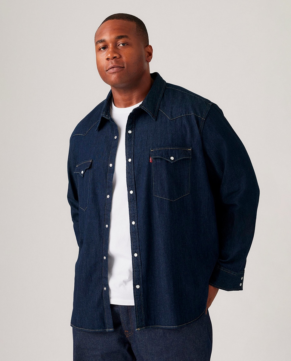 Camisa de ganga classic lisa azul de homem tamanhos grandes Azul-marinho-4