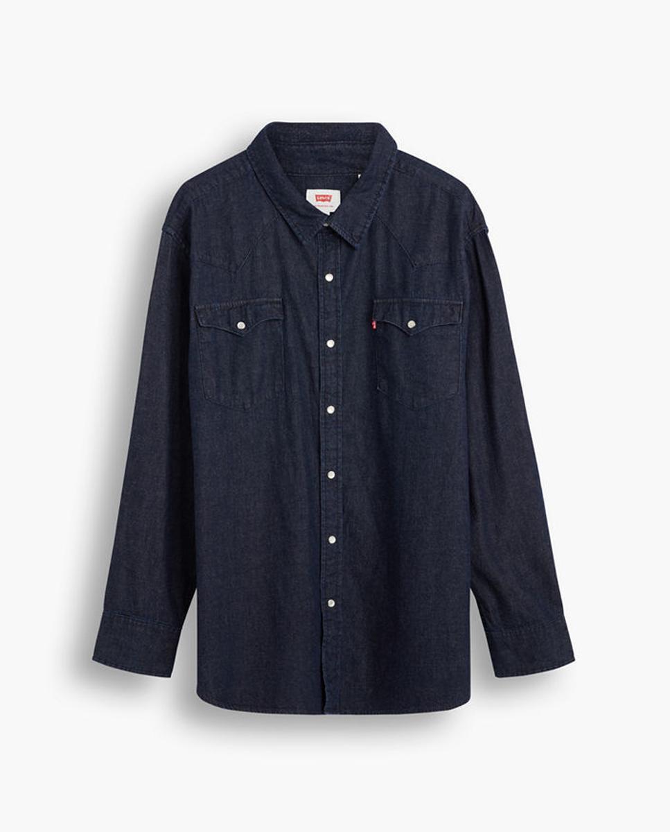 Camisa de ganga classic lisa azul de homem tamanhos grandes Azul-marinho-5