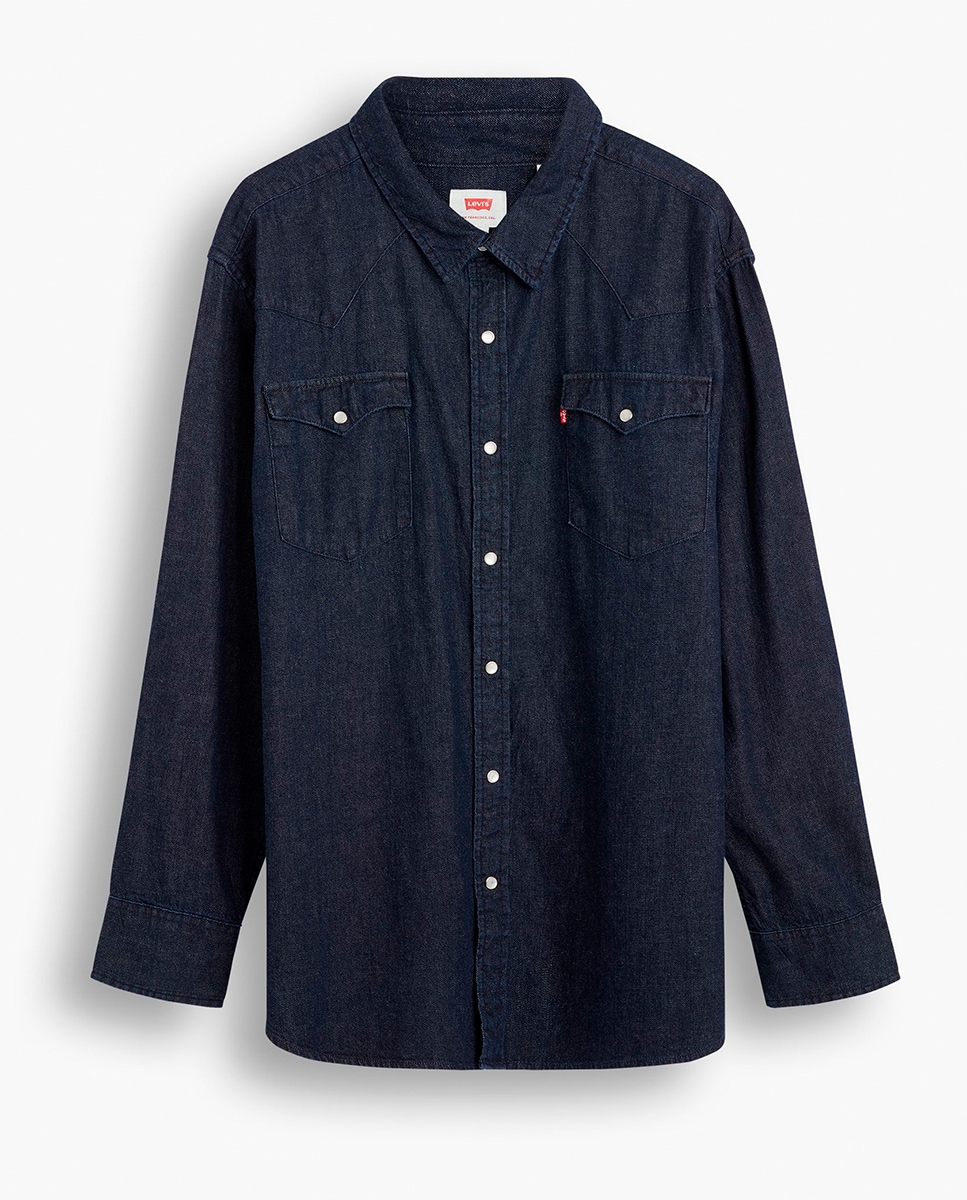 Camisa de ganga classic lisa azul de homem tamanhos grandes Azul-marinho-5