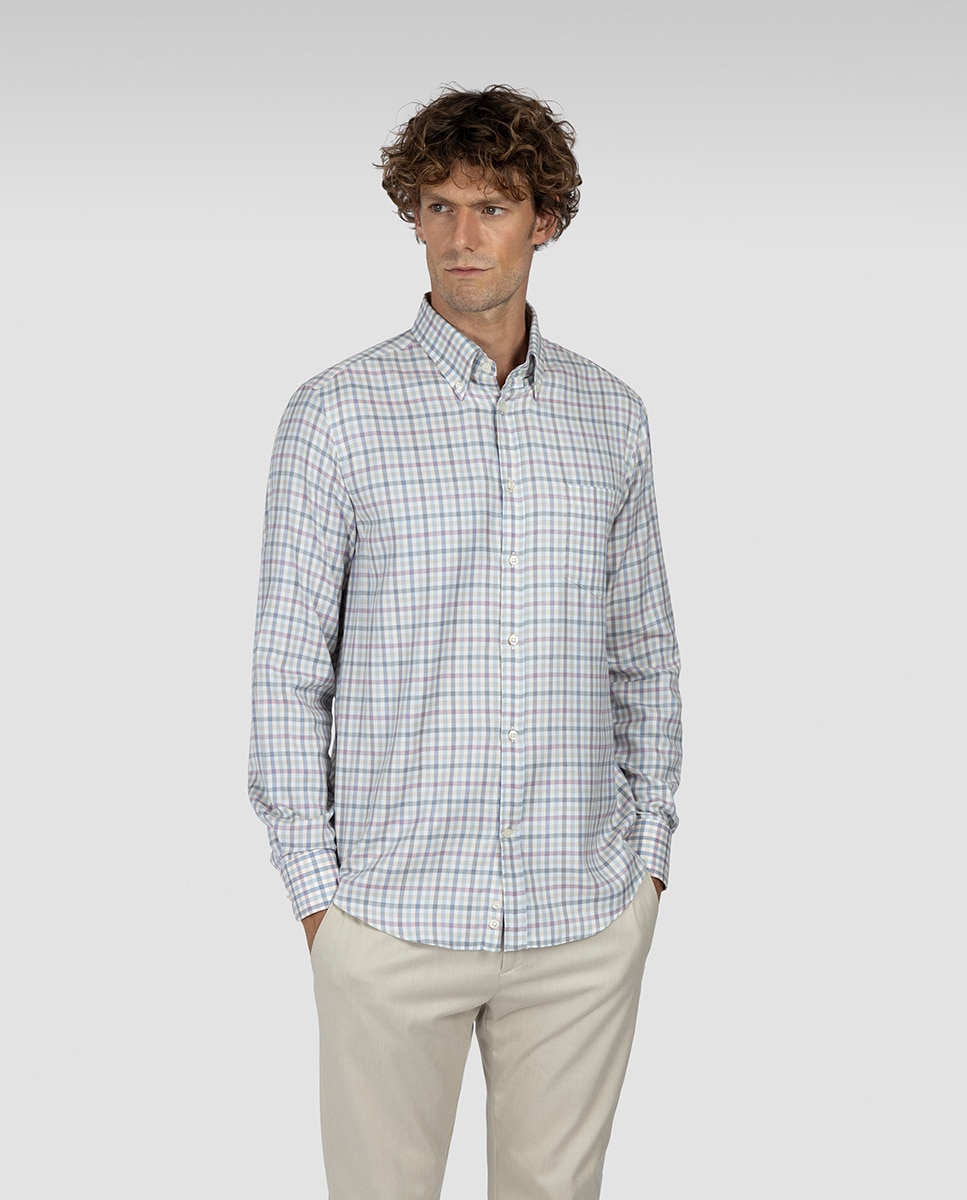 Camisa Casual de Manga Comprida com Botão na Ponta Tamanhos Grandes Azul-1