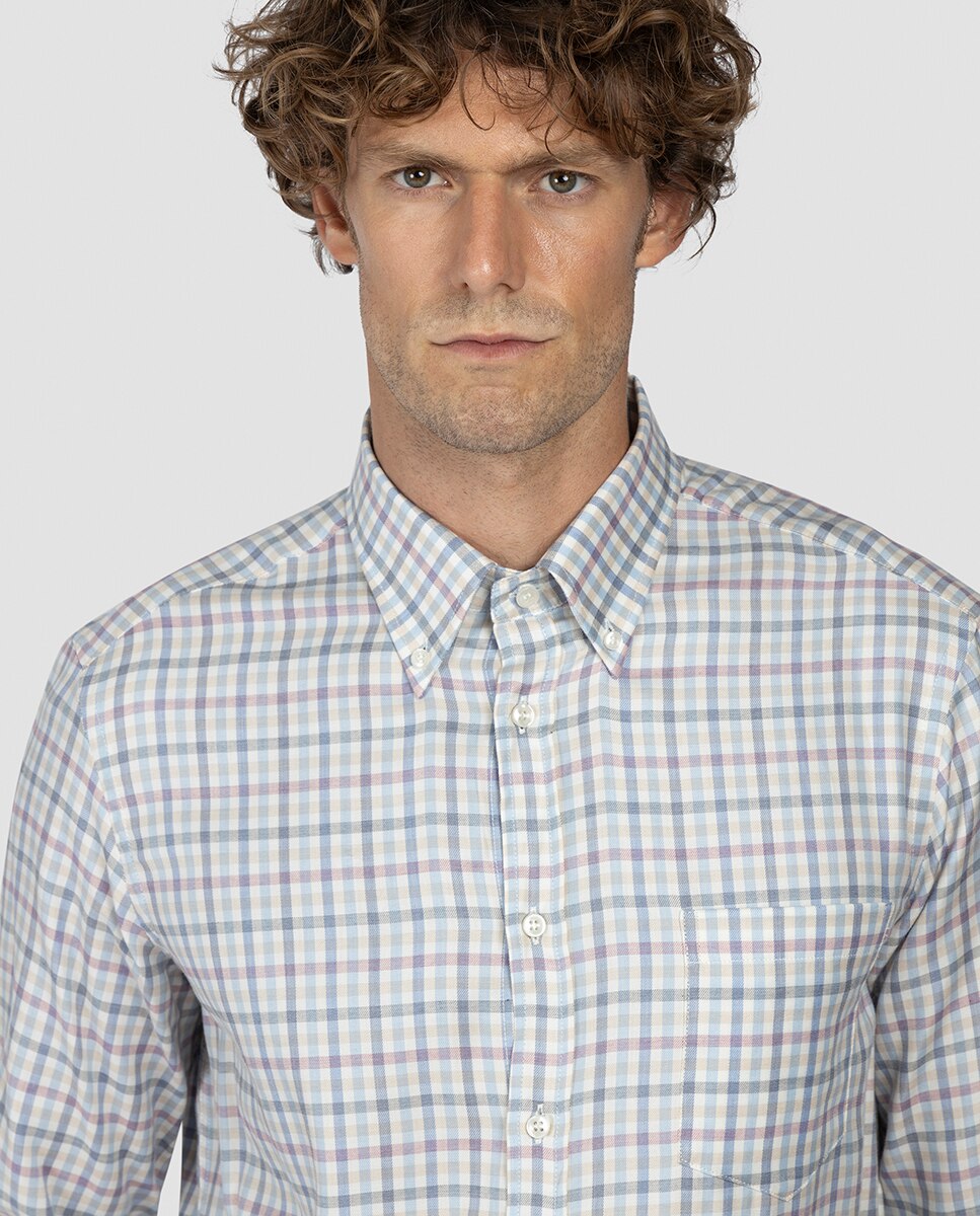 Camisa Casual de Manga Comprida com Botão na Ponta Tamanhos Grandes Azul-3