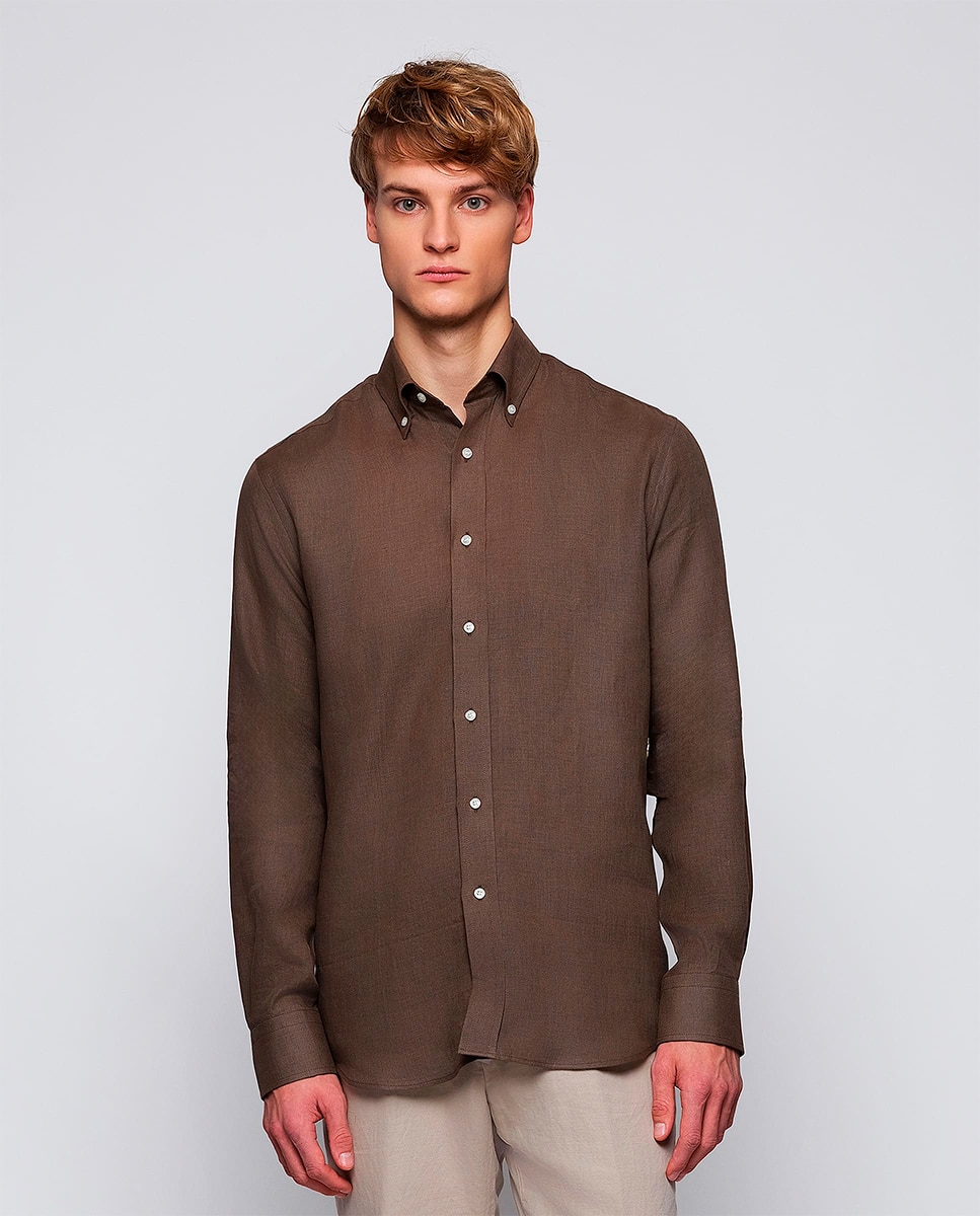 Camisa de hombre casual manga larga de lino Tallas Grandes - Mirto - Marrón Marrón-1