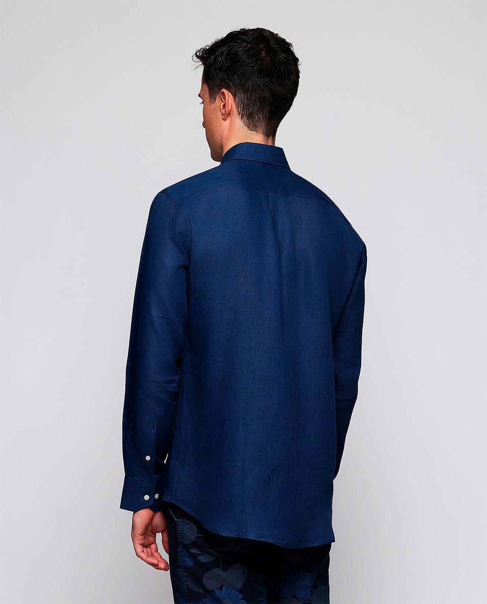 Camisa Casual de Linho com Manga Comprida Tamanhos Grandes Azul-marinho-2