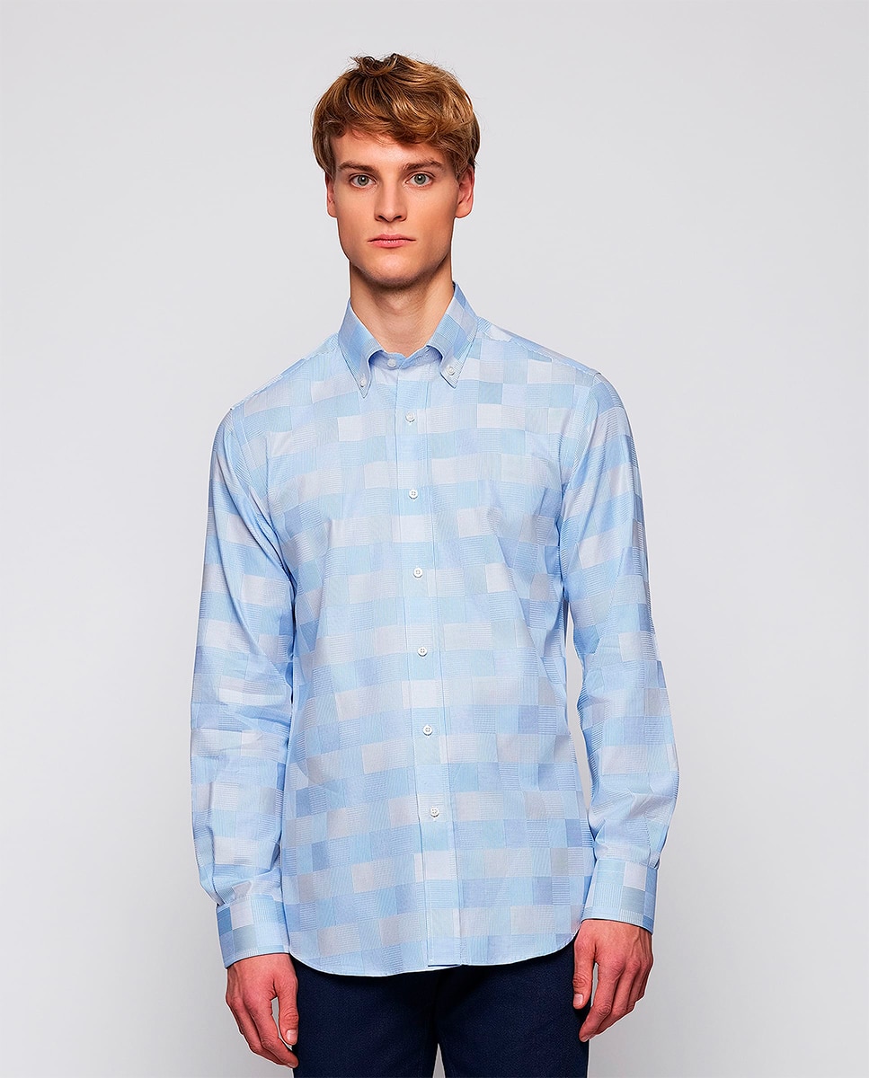 Camisa de hombre casual manga larga cuadro damas Tallas Grandes - Mirto - Azul claro Azul claro-1