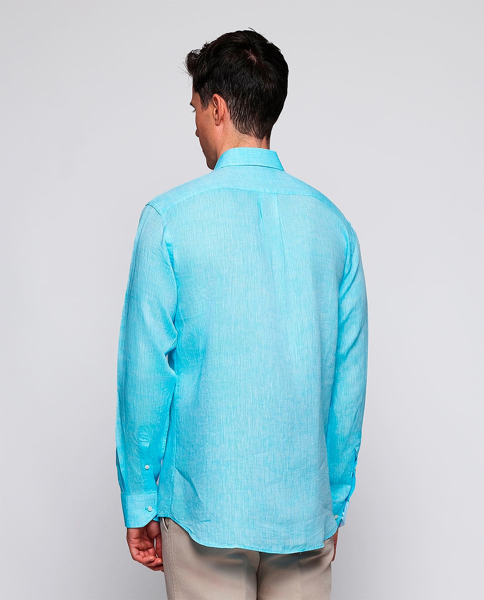 Camisa Casual de Linho com Manga Comprida Tamanhos Grandes Turquesa-2