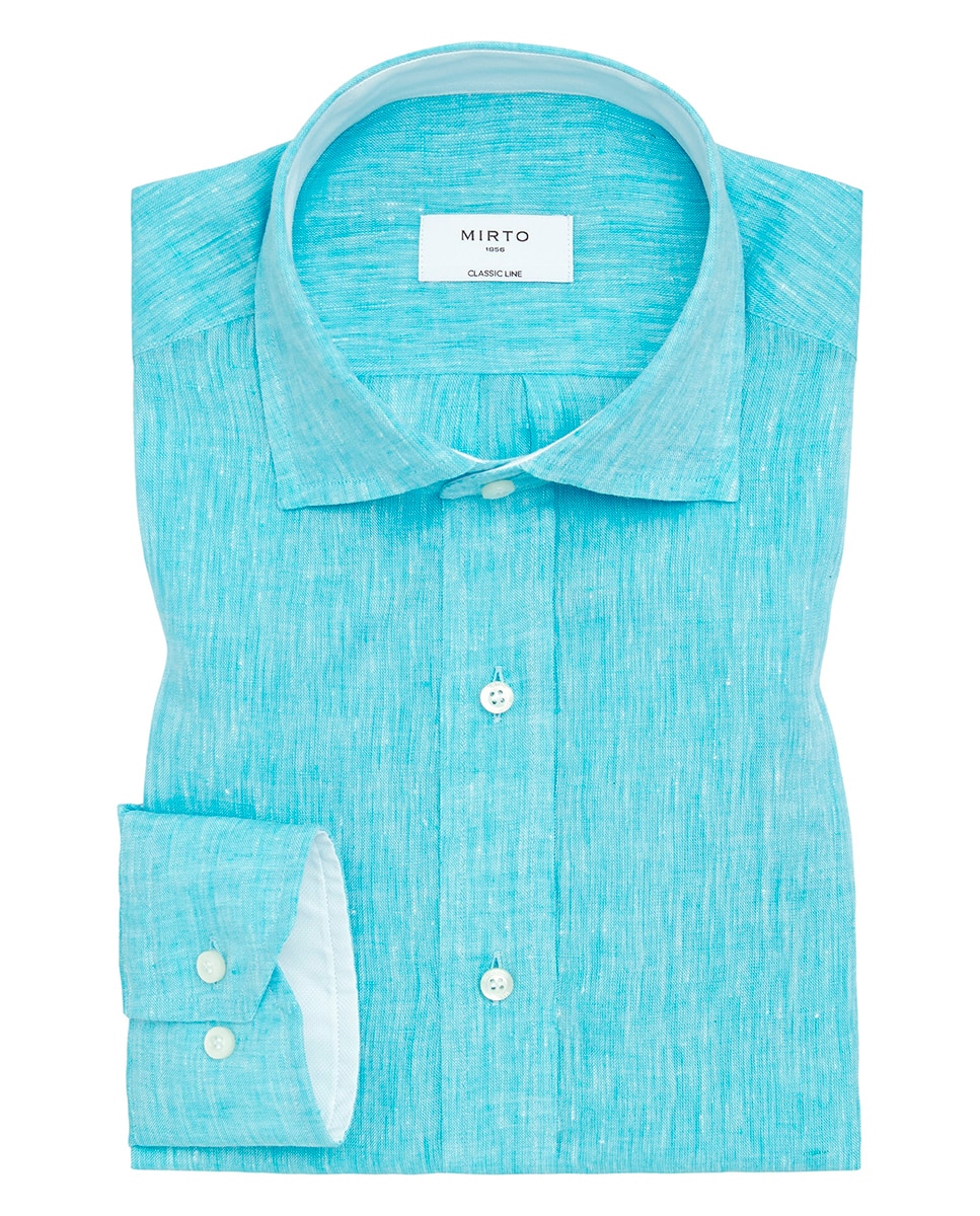 Camisa Casual de Linho com Manga Comprida Tamanhos Grandes Turquesa-3