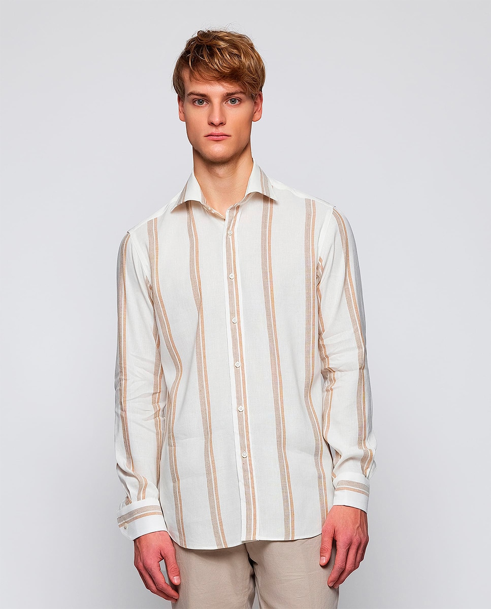 Camisa de hombre casual manga larga rayas Tallas Grandes - Mirto - Camel Camel-1