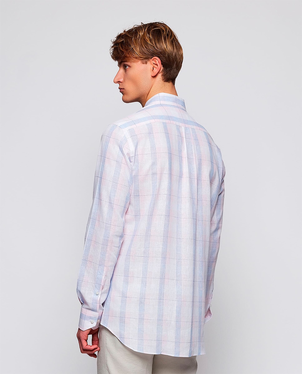 Camisa Casual de Manga Comprida aos Quadrados Tamanhos Grandes Rosa-2