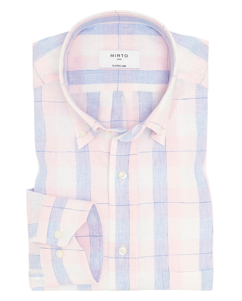 Camisa Casual de Manga Comprida aos Quadrados Tamanhos Grandes Rosa-3