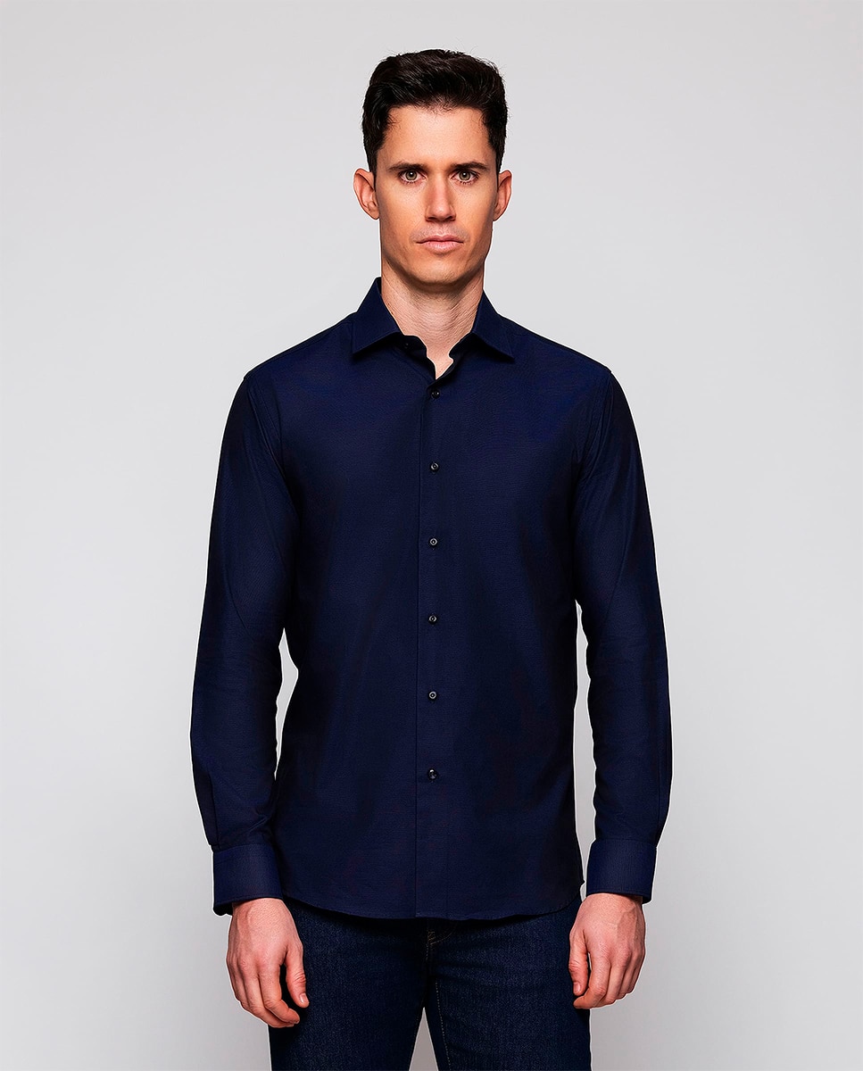Camisa de Manga Comprida com Micro Estrutura Tamanhos Grandes Azul-marinho-1