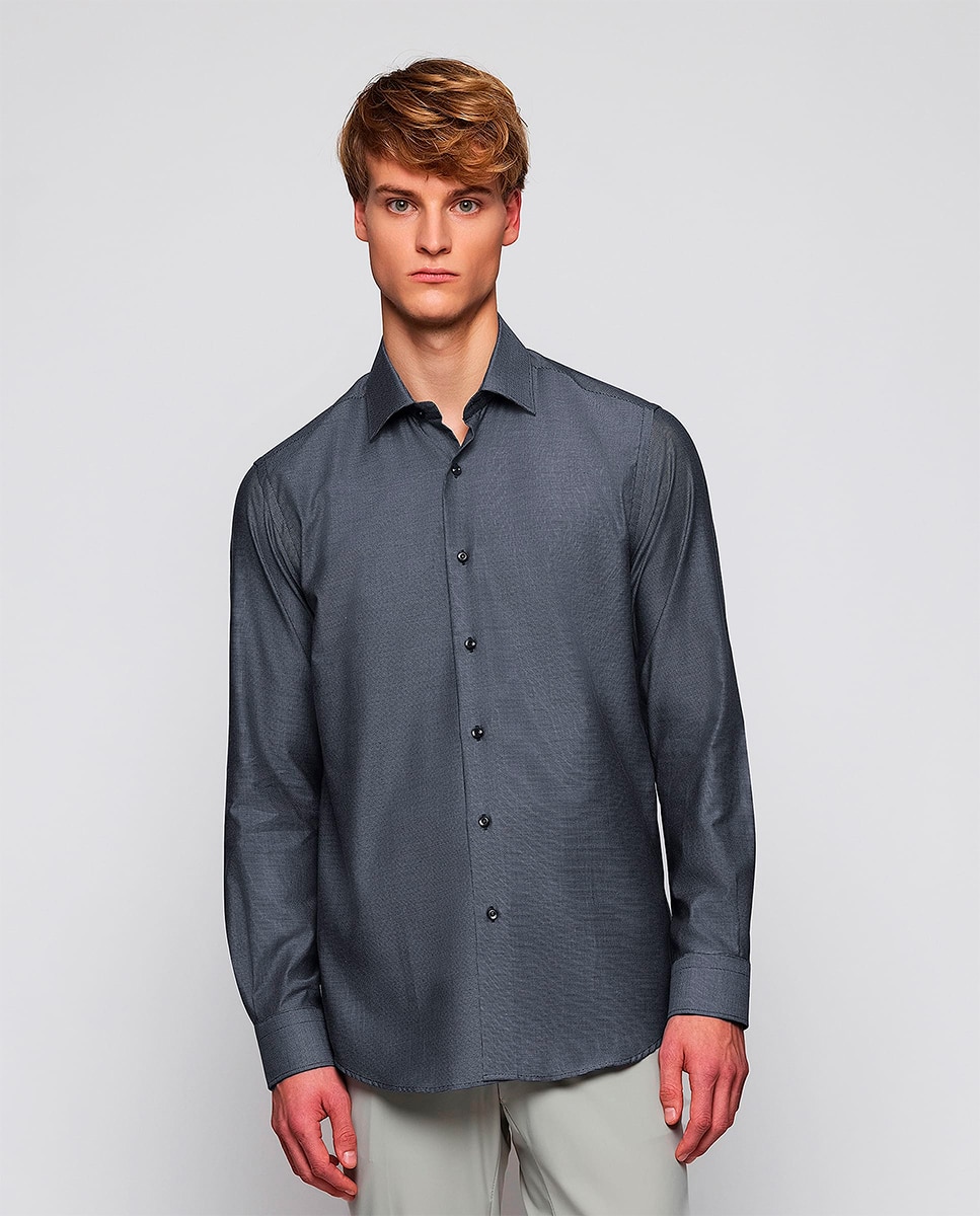 Camisa de Manga Comprida com Micro Estrutura Tamanhos Grandes Azul-marinho-1