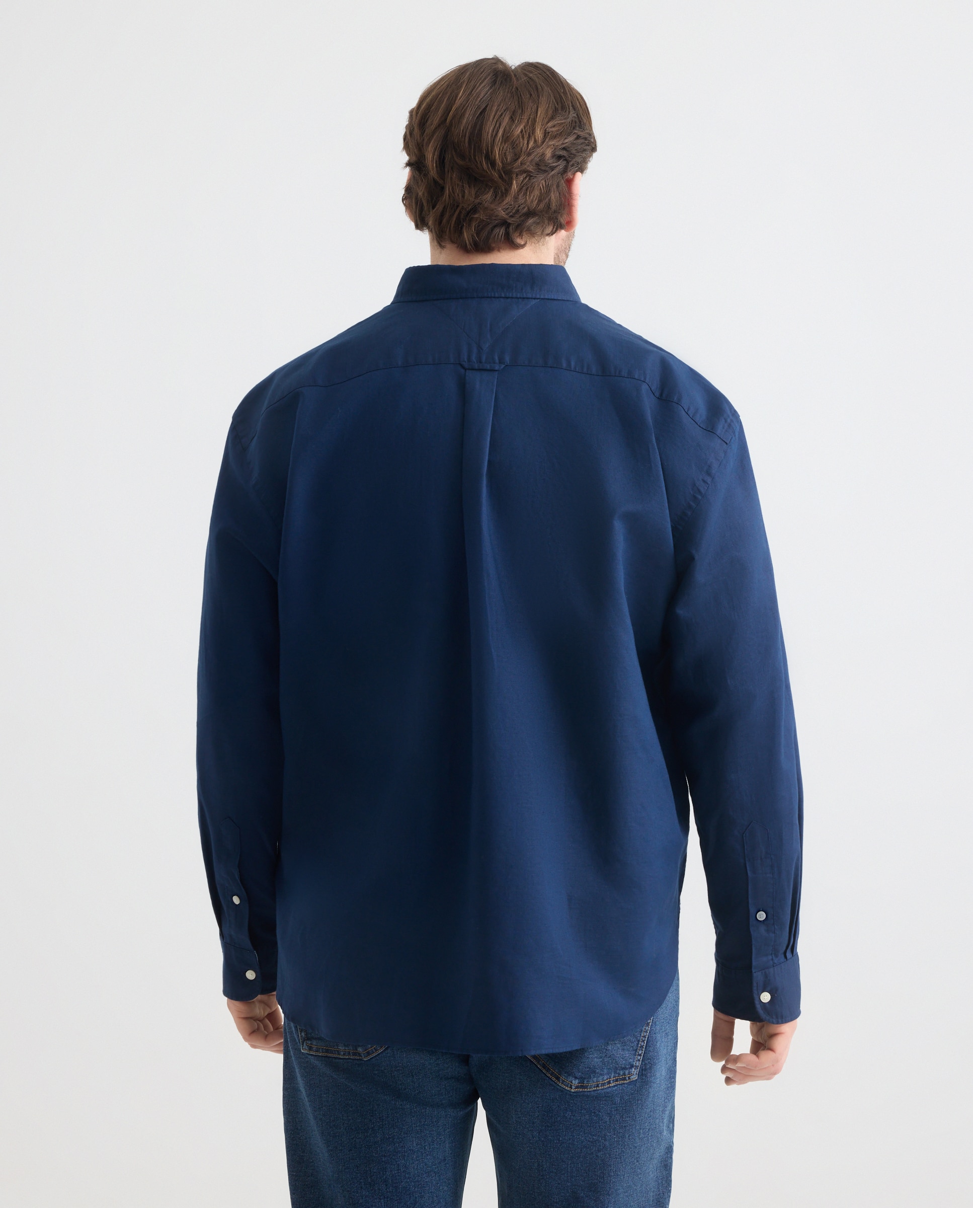 Camisa de Manga Comprida em Mistura de Linho Tamanhos Grandes Azul-marinho-3