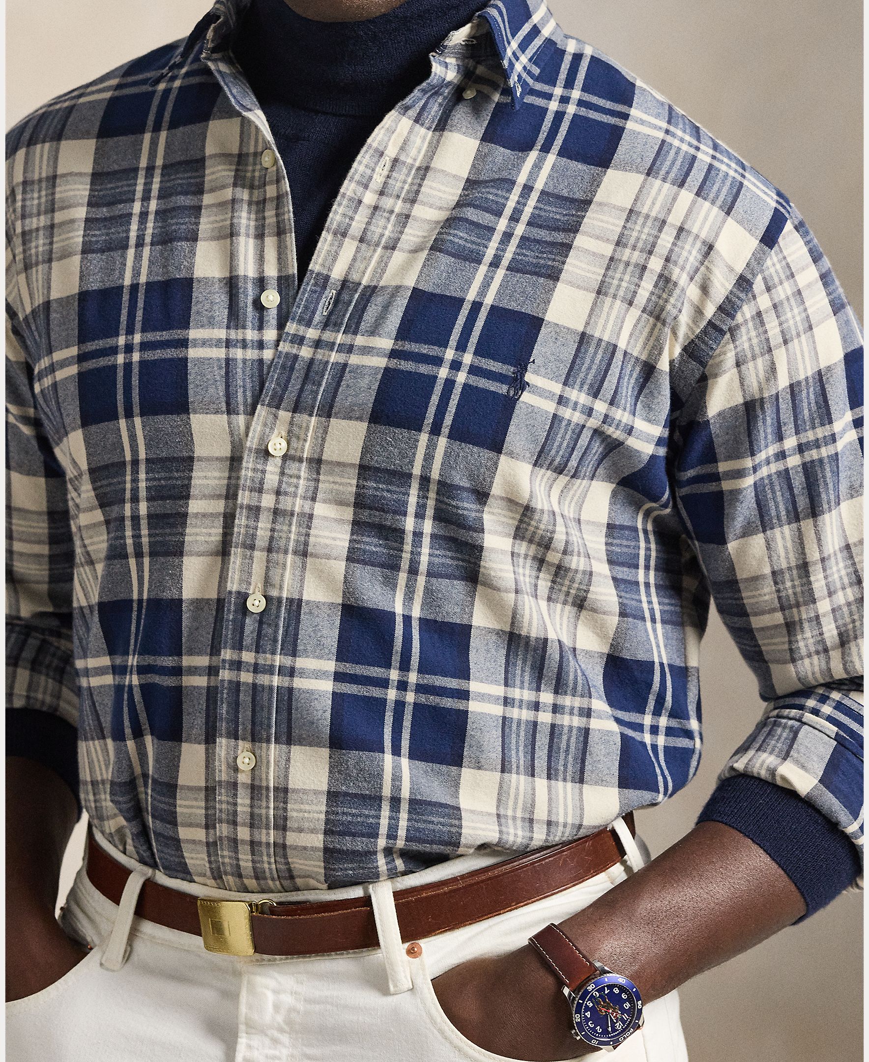Camisa Oxford Classic Fit Tamanhos Grandes Azul / Bege-4